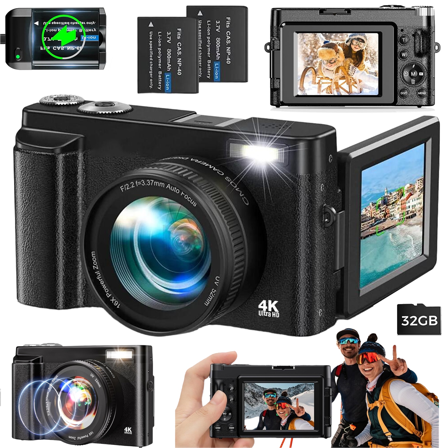 Digitální Fotoaparát 48MP 2.7K Video Otočný Displej 180° Nabíječka