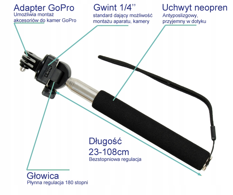Selfie-stick, kijek, uchwyt monopod do GoPro Sjcam