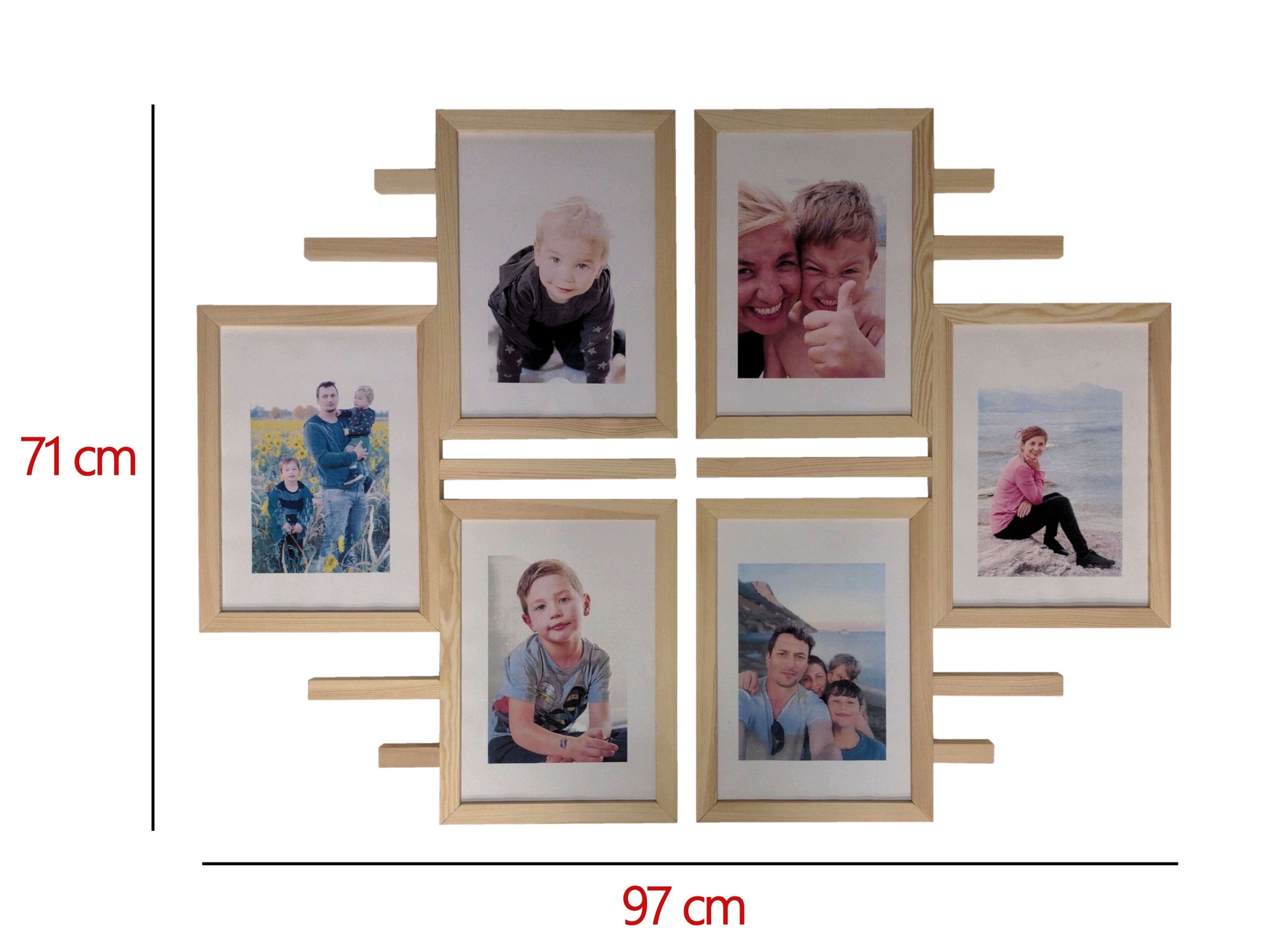 Dřevěný multirám na 6 fotografií A4 21 x 29,7 cm, šířka 97 cm, výška 71 cm Rámeček