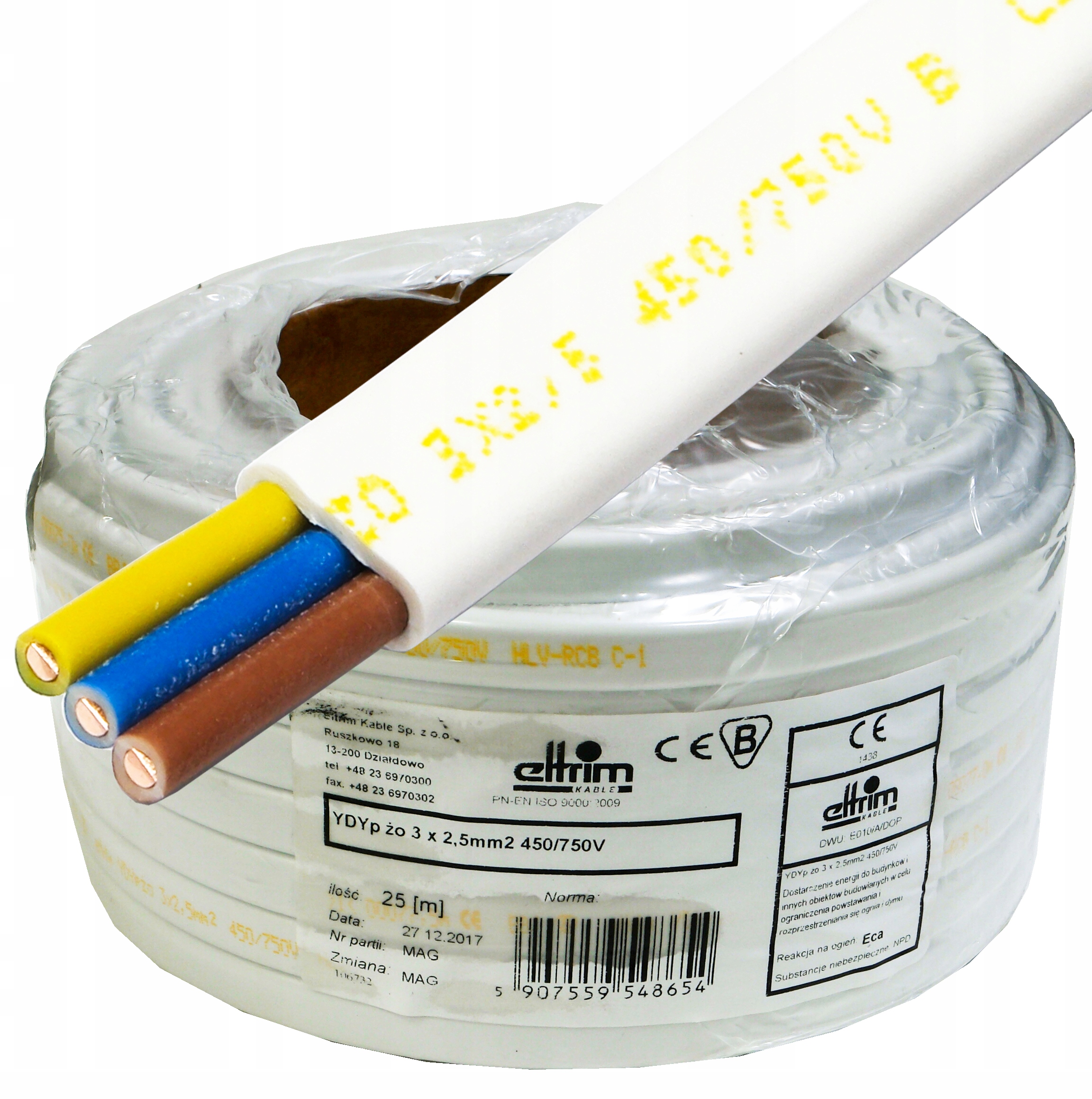 Plochý medený kábel YDYp 3x2,5 mm Cu 750V 3x2,5 750V medený drôt 25 m