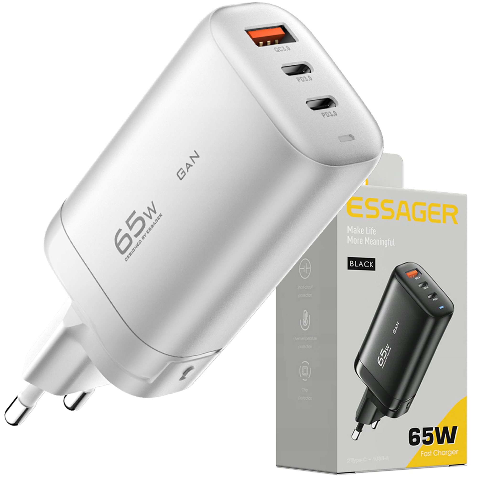 

Szybka ładowarka zasilacz 3xUSB 65W QC3.0+ PD3 GaN