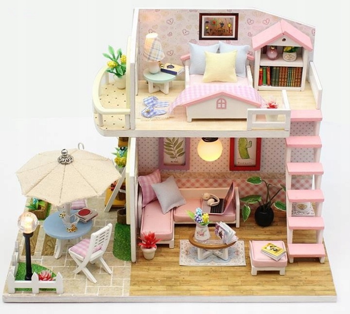 Miniaturowy DUŻY Domek DIY Meble ŚWIATŁO LED