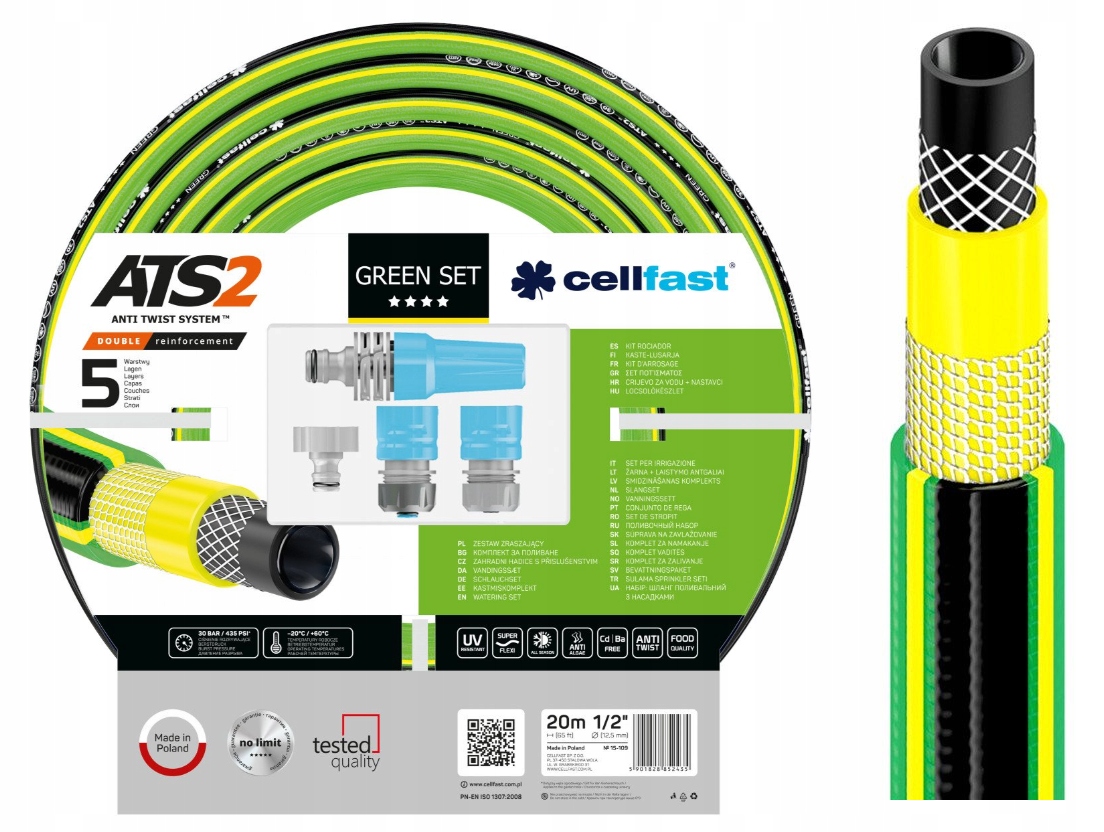 CELLFAST ZESTAW ZRASZAJĄCY GREEN WĄŻ 1/2" 20m 5-WARSTWOWY ZŁĄCZKI, ZRASZACZ Marka Cellfast