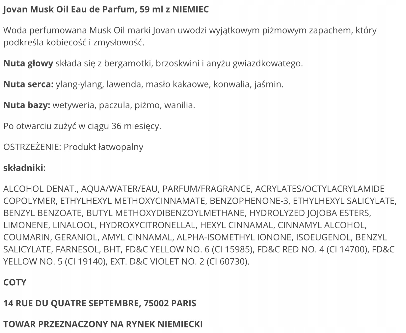 Jovan Musk Oil Woda perfumowana 59 ml EDP z NIEMIEC Marka Jovan