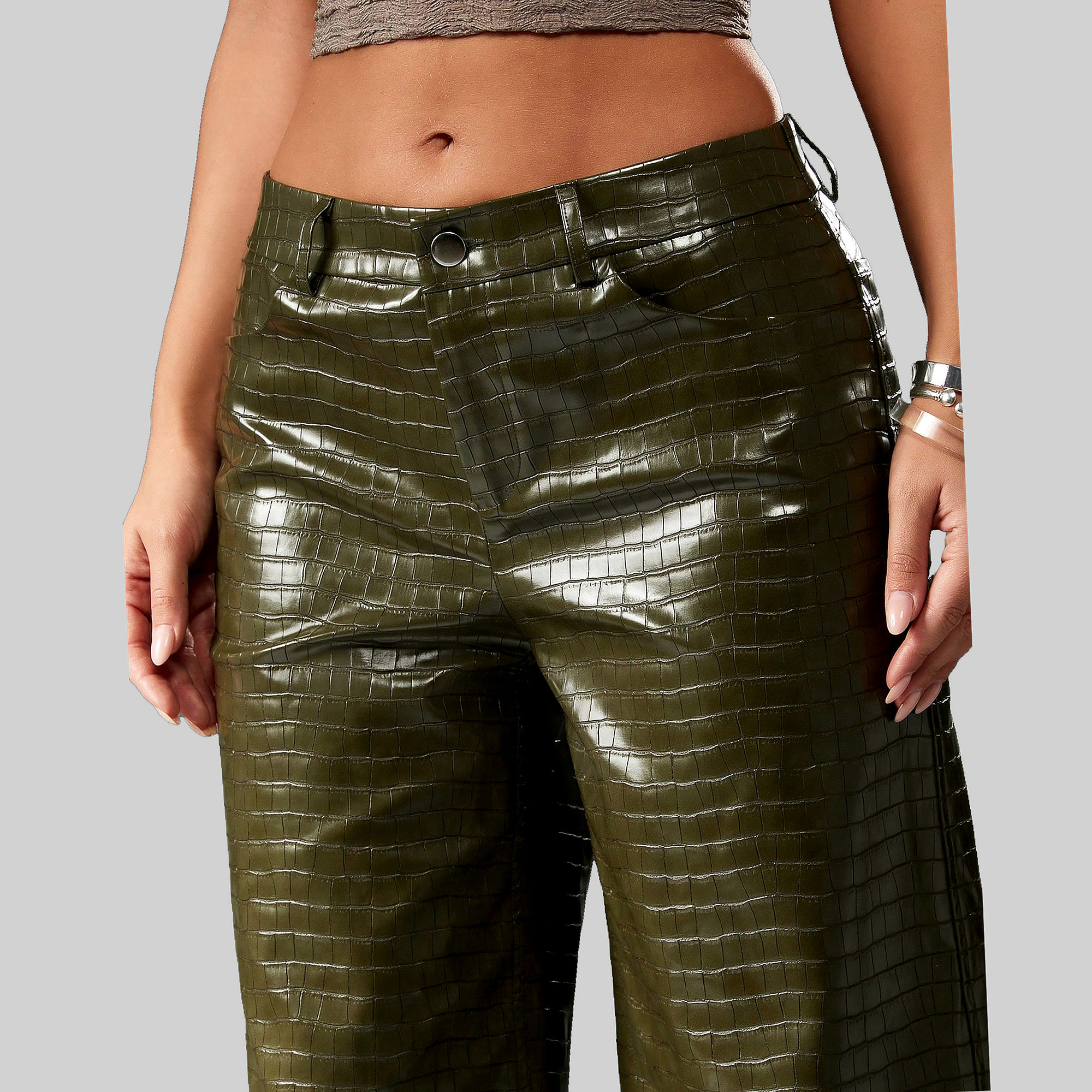 Kalhoty Kožené Krokodýlí zelené s nízkým pasem Missguided L 40