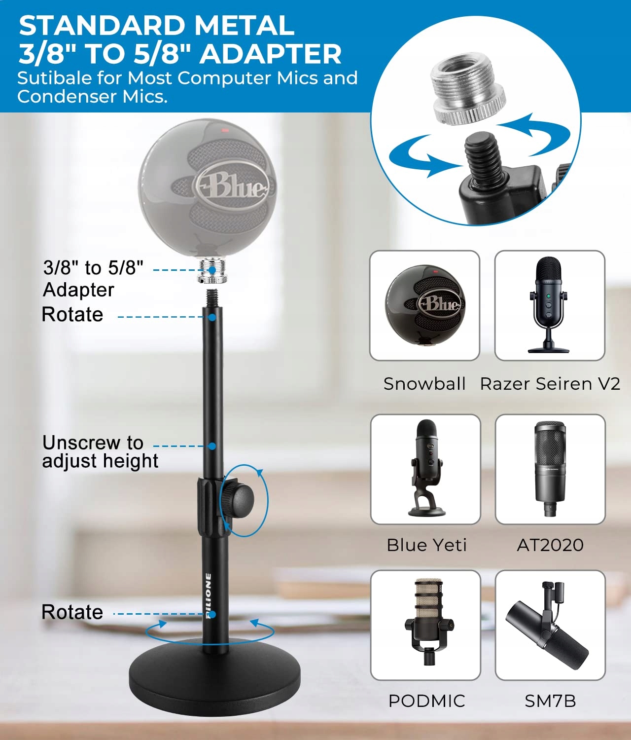 BILIONE Stojak Na Mikrofon Regulowany Z Pop-Filtrem I Uchwytami — miniatura 6