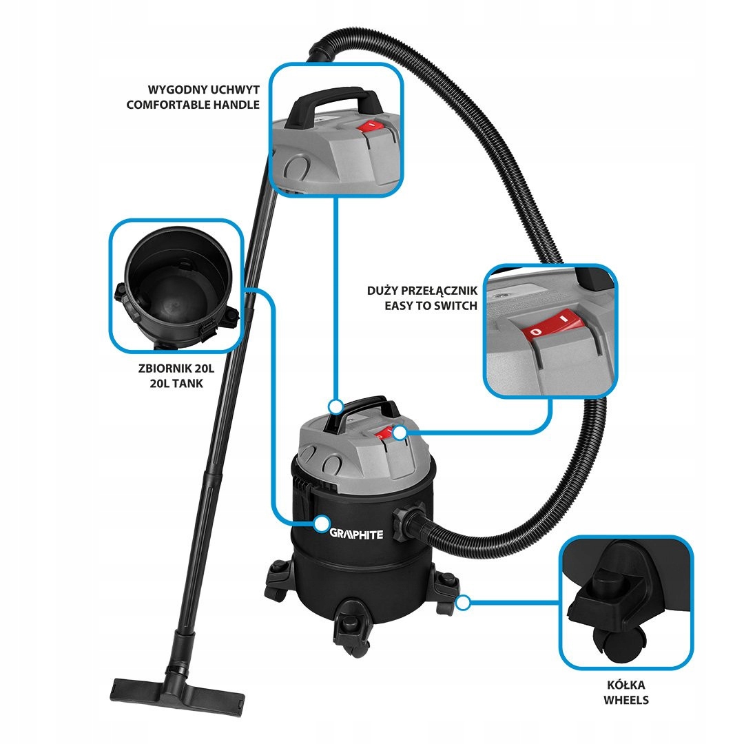 GRAPHITE ODKURZACZ PRZEWYSŁOWY WZRSZTATOWY BUDOWLANY 1200W 20L + AKCESORIA Marka Graphite