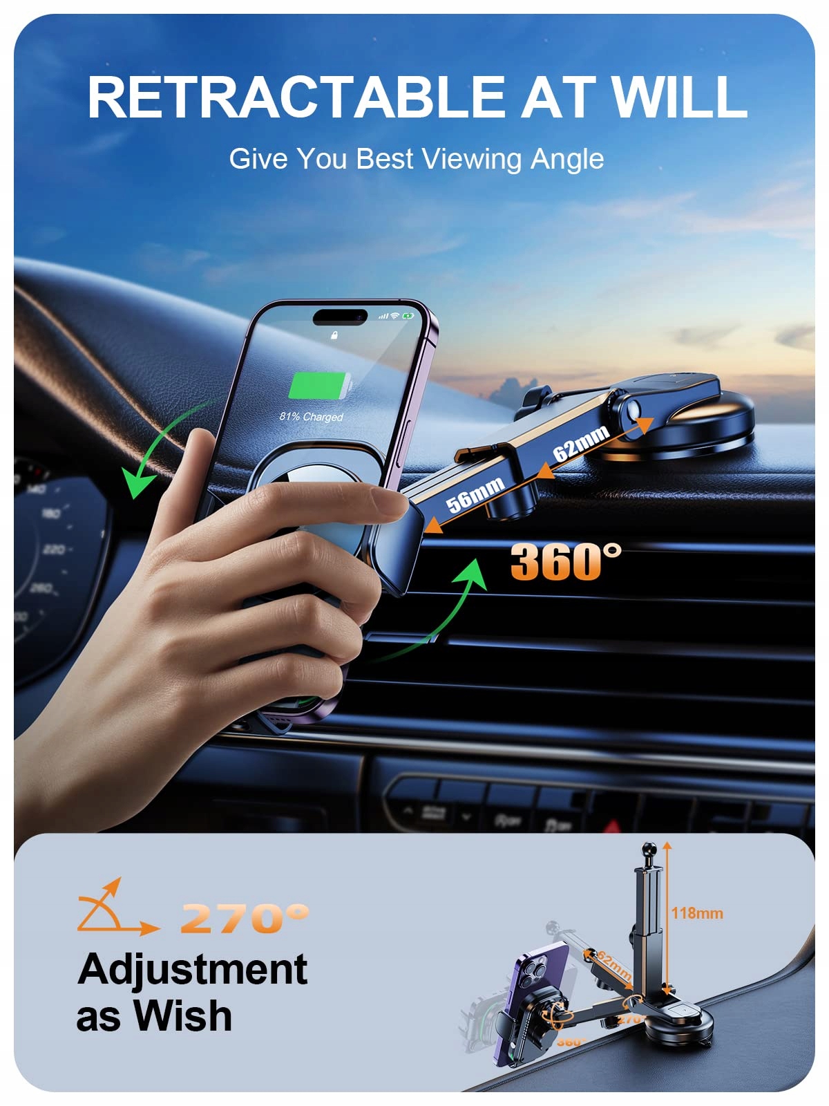 AUCKLY Uchwyt Samochodowy Z Ładowarką Qi 15W Bezprzewodowa Do iPhone — miniatura 5