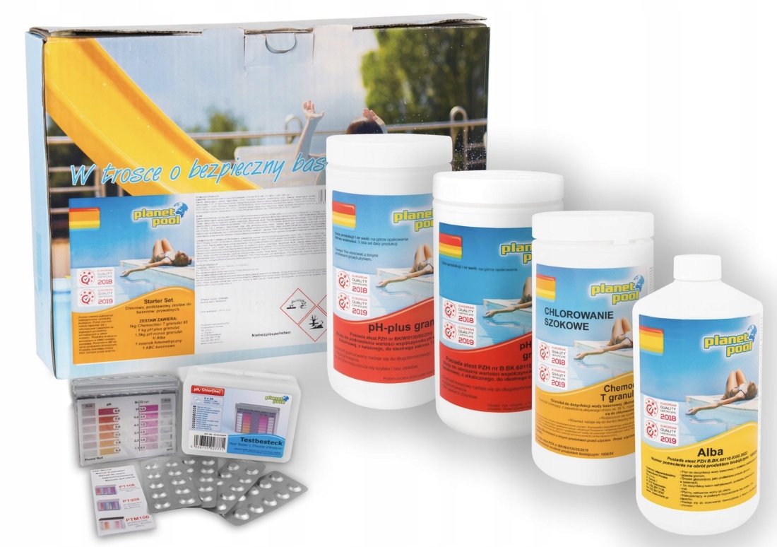 Chemia Chlor Szok pH Plus Minus Antyglon Tester Basen Jacuzzi Set Chemoform