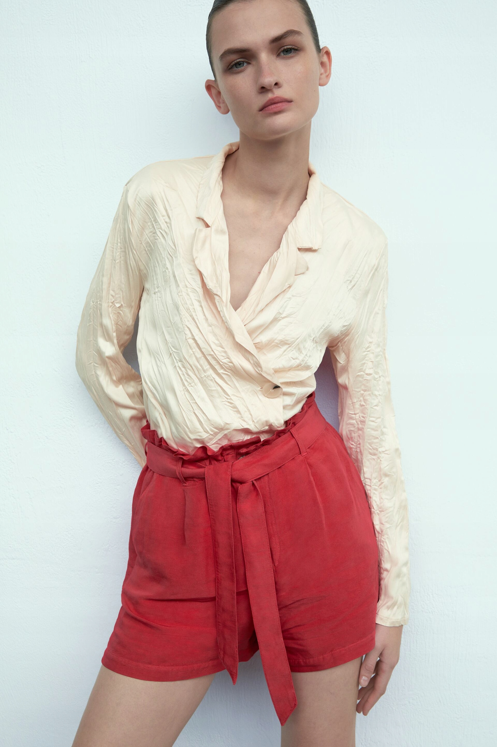 

Zara_lniane Czerwone Spodenkim Z Paskiem 8001743