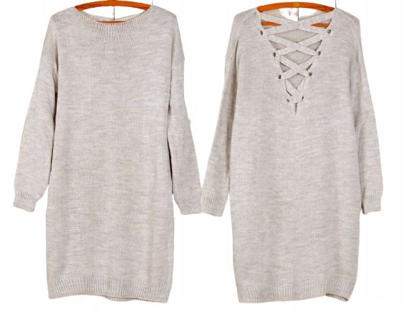 CIEPŁY DŁUGI GRUBY SWETER TUNIKA ODKRYTE PLECY K24