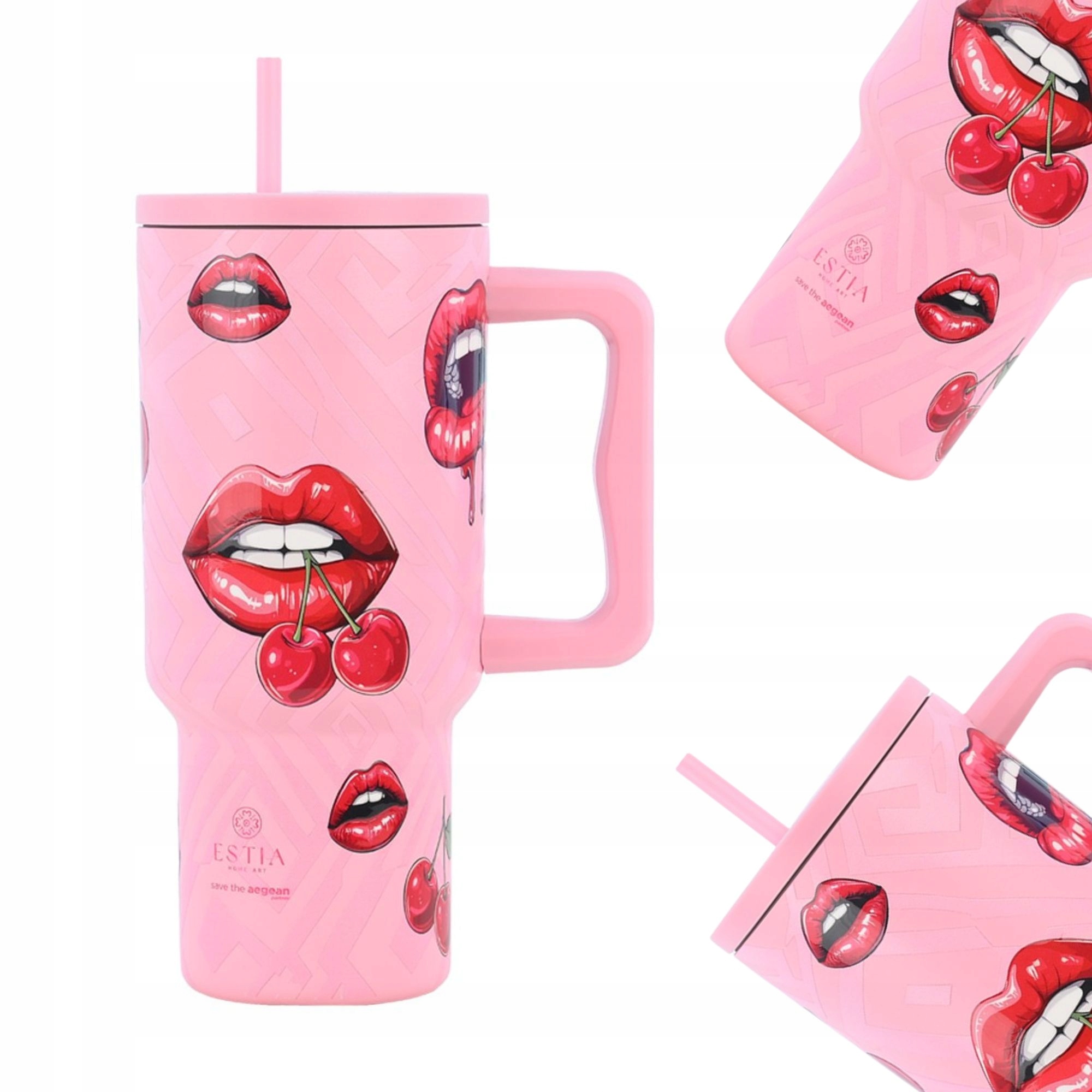 Różowy duży Kubek Termiczny Ze Słomką ze stali 900ml termos na kawę herbatę