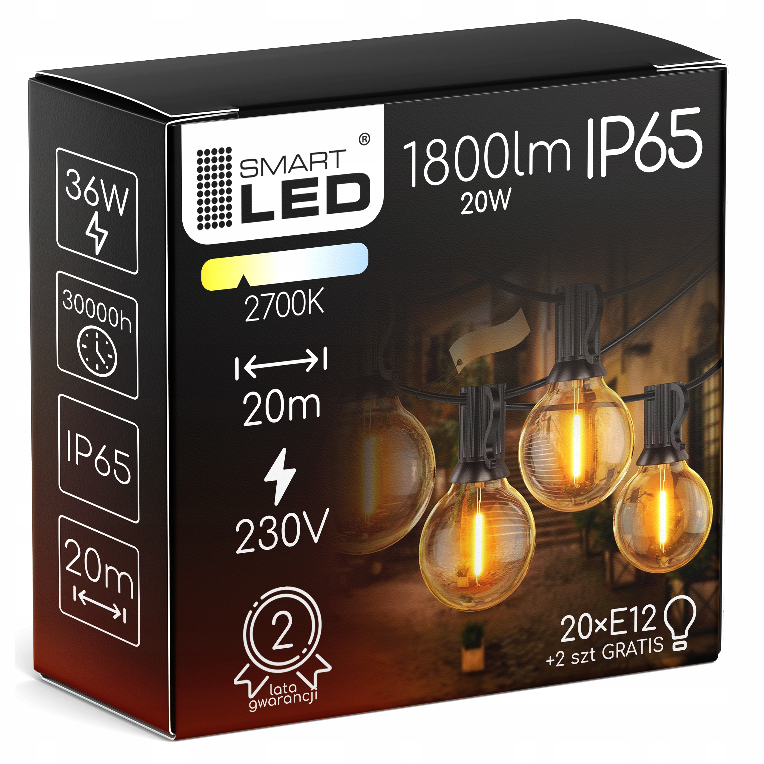 Zahradní světelná girlanda 20M 20X Led žárovka 1W Řetěz dárek 2X E12
