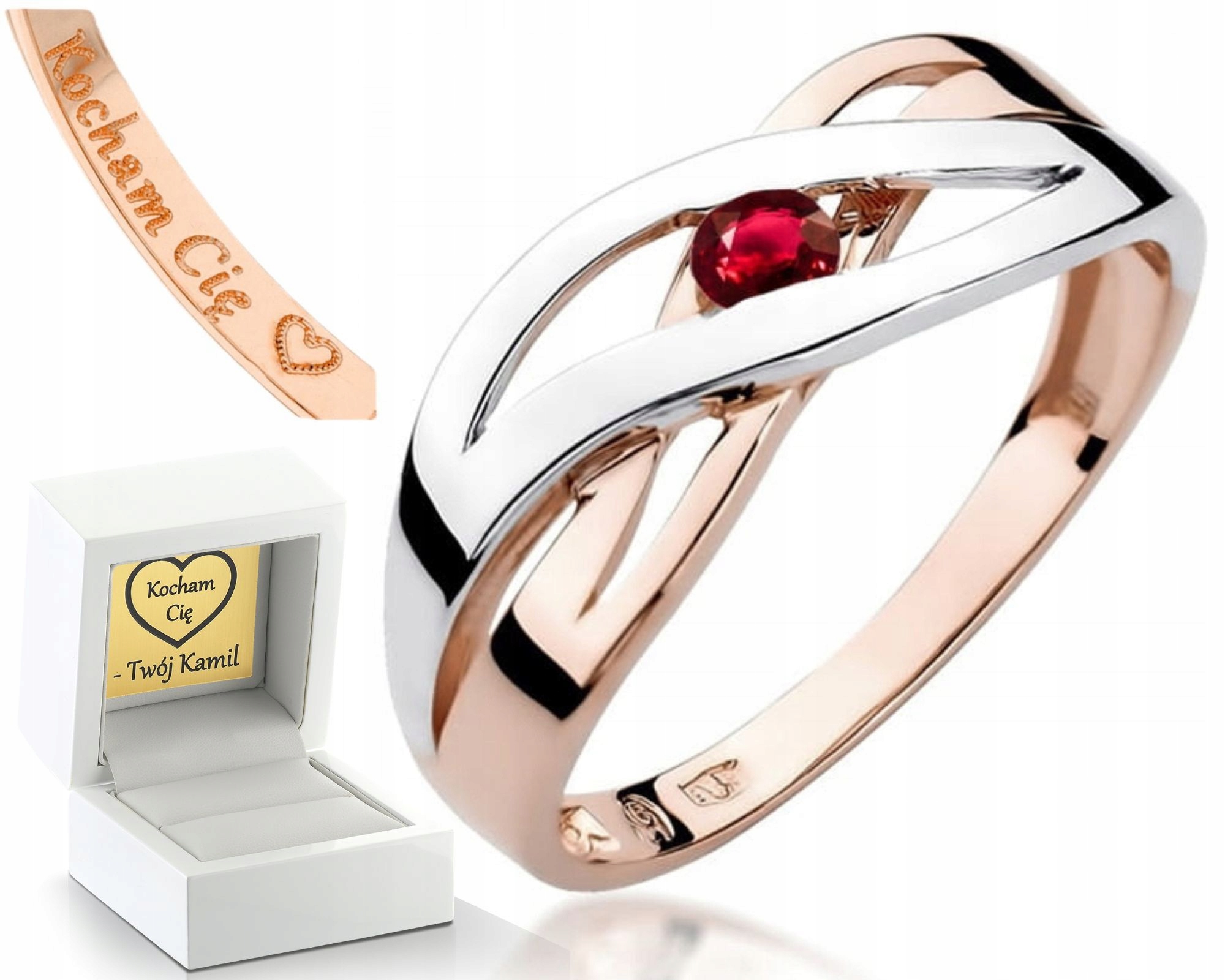 Růžové Zlato Prstýnek Rubín Brylant 585 Gravírování Dárek