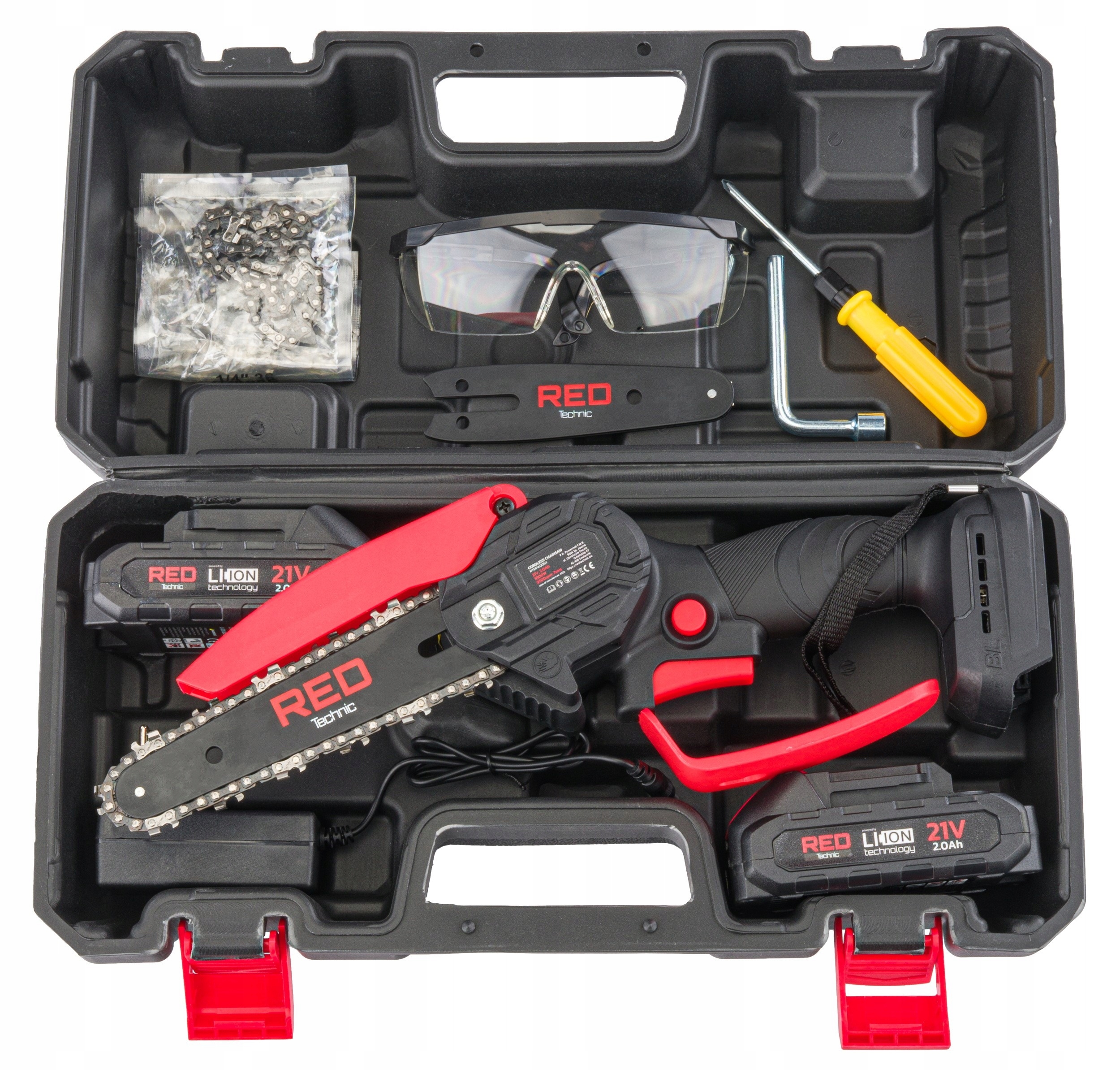 Piła ŁAŃCUCHOWA Akumulatorowa PILARKA 2x AKU 4'' + 6'' 4x Łańcuch Pilarka Marka RED TECHNIC