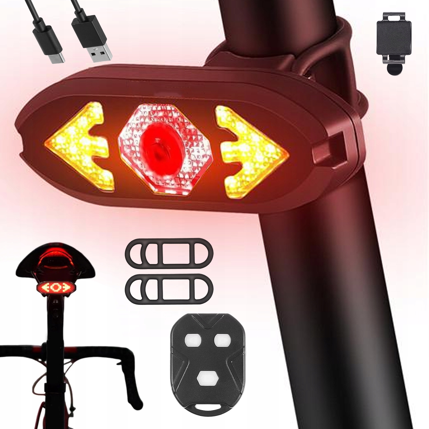 Lampa Rowerowa Led IPX4 Z Alarmem I Kierunkowskazami Zdalny Ster