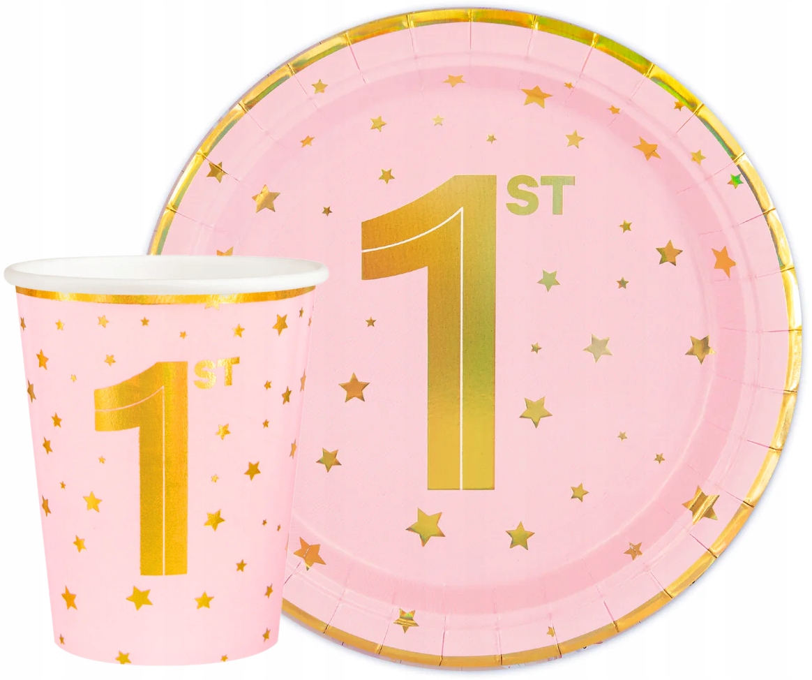 ZESTAW KUBKI TALERZYKI RÓŻOWE W ZŁOTE GWIAZDKI ROCZEK DZIEWCZYNKA 12szt