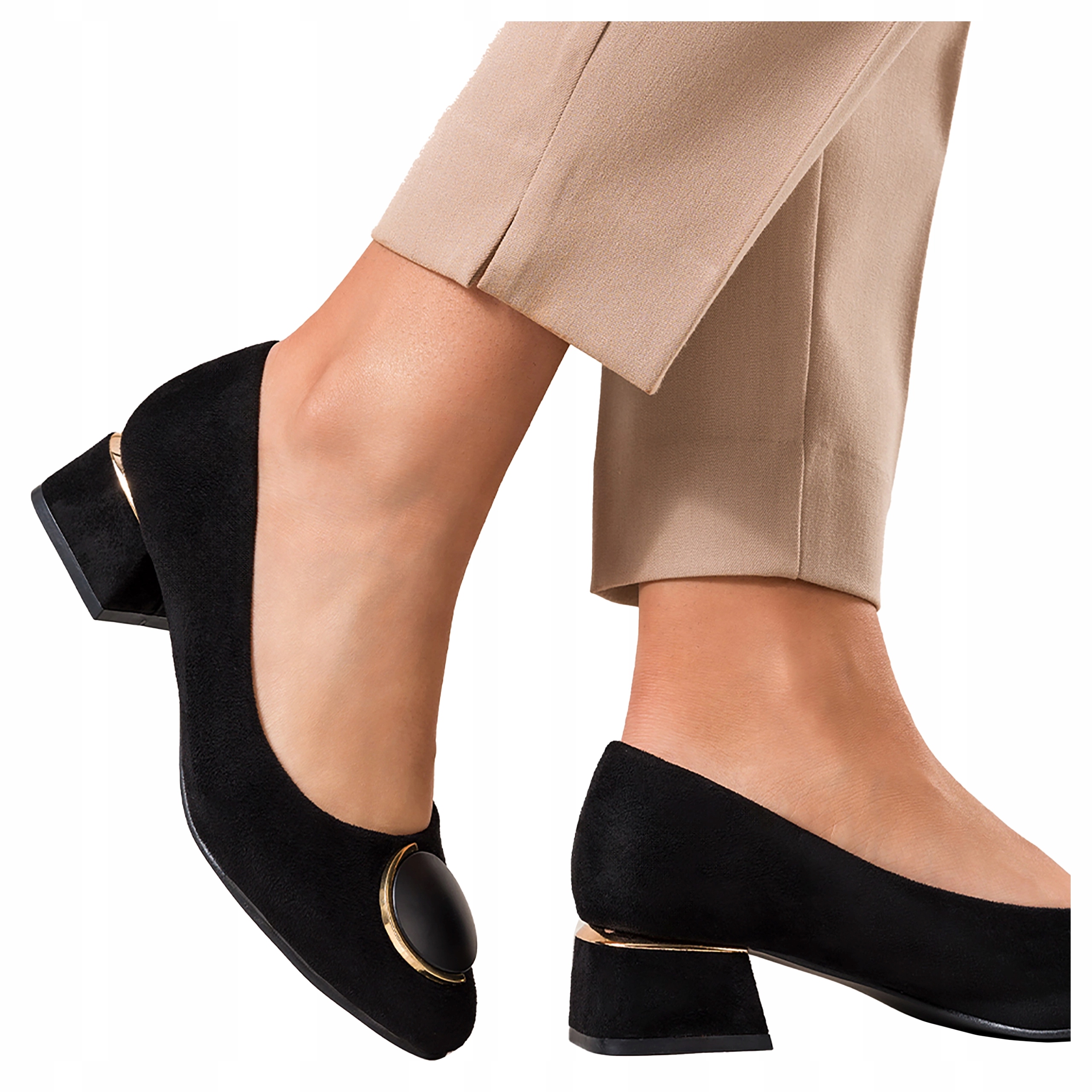 Dámské Lodičky Černé Nízký podpatek Kožená Stélka Pohodlné s ozdobou r 39