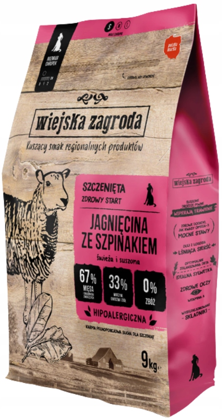Wiejska Zagroda sucha karma dla psa szczeniaka Jagnięcina Szpinak 9 kg
