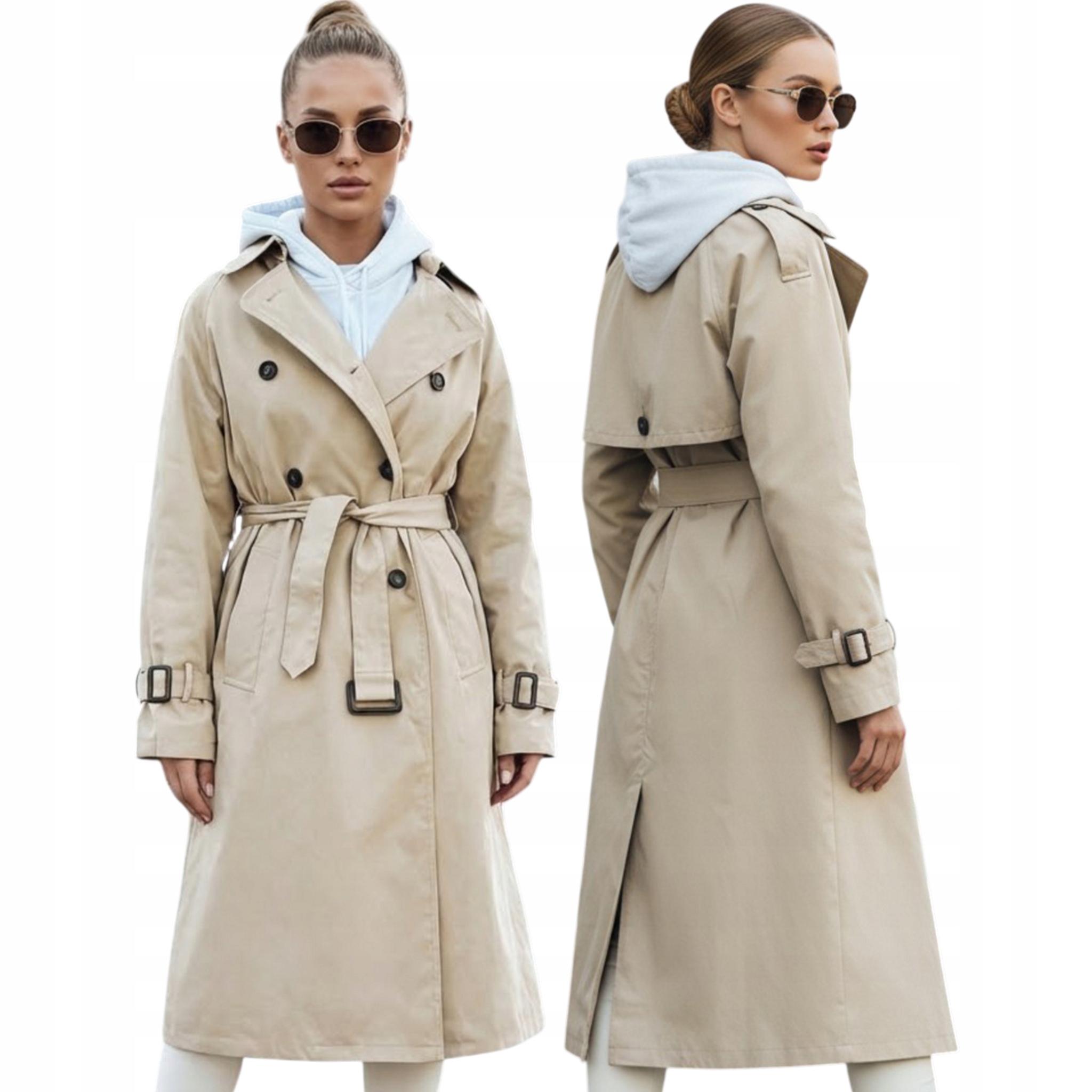 Długi trencz damski dwurzędowy bez kaptura jasnobeżowa TY5353 L