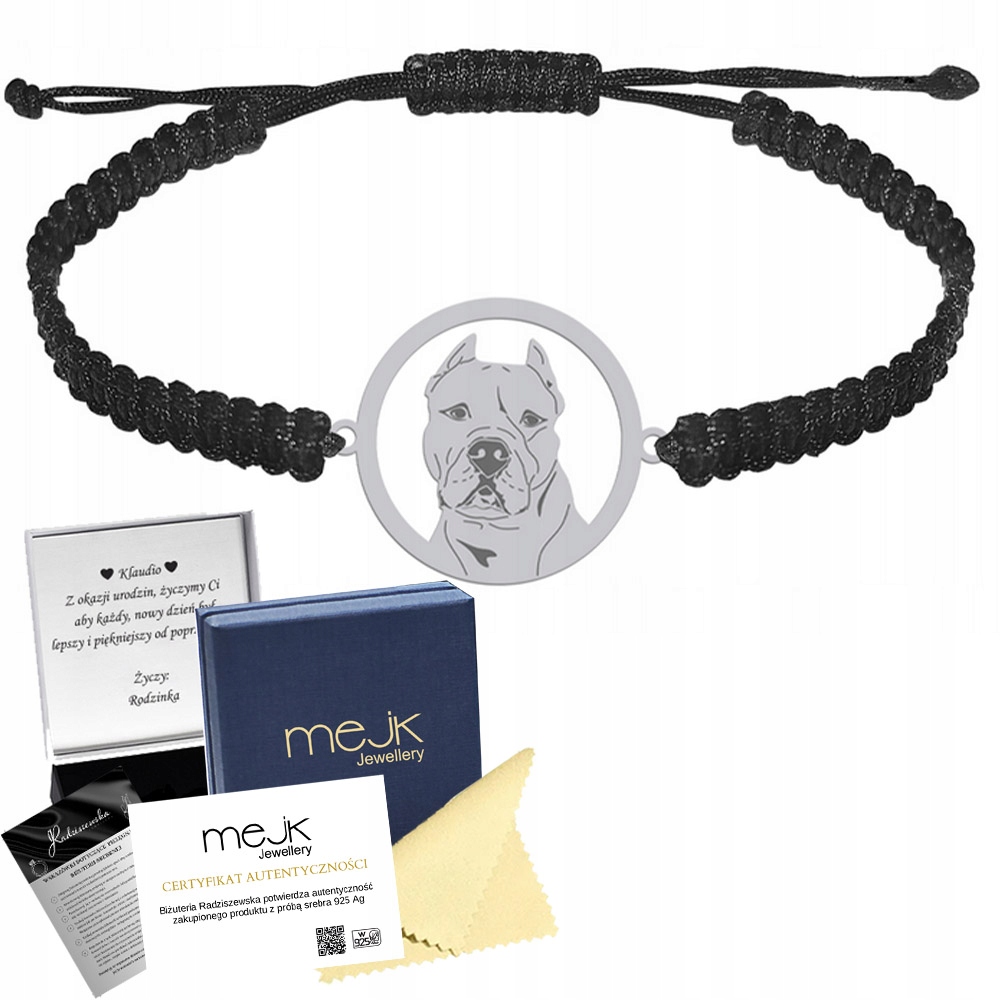 Stříbrný náramek z Dogo Argentino 925 Makramé Dárek Gravírování Bonus