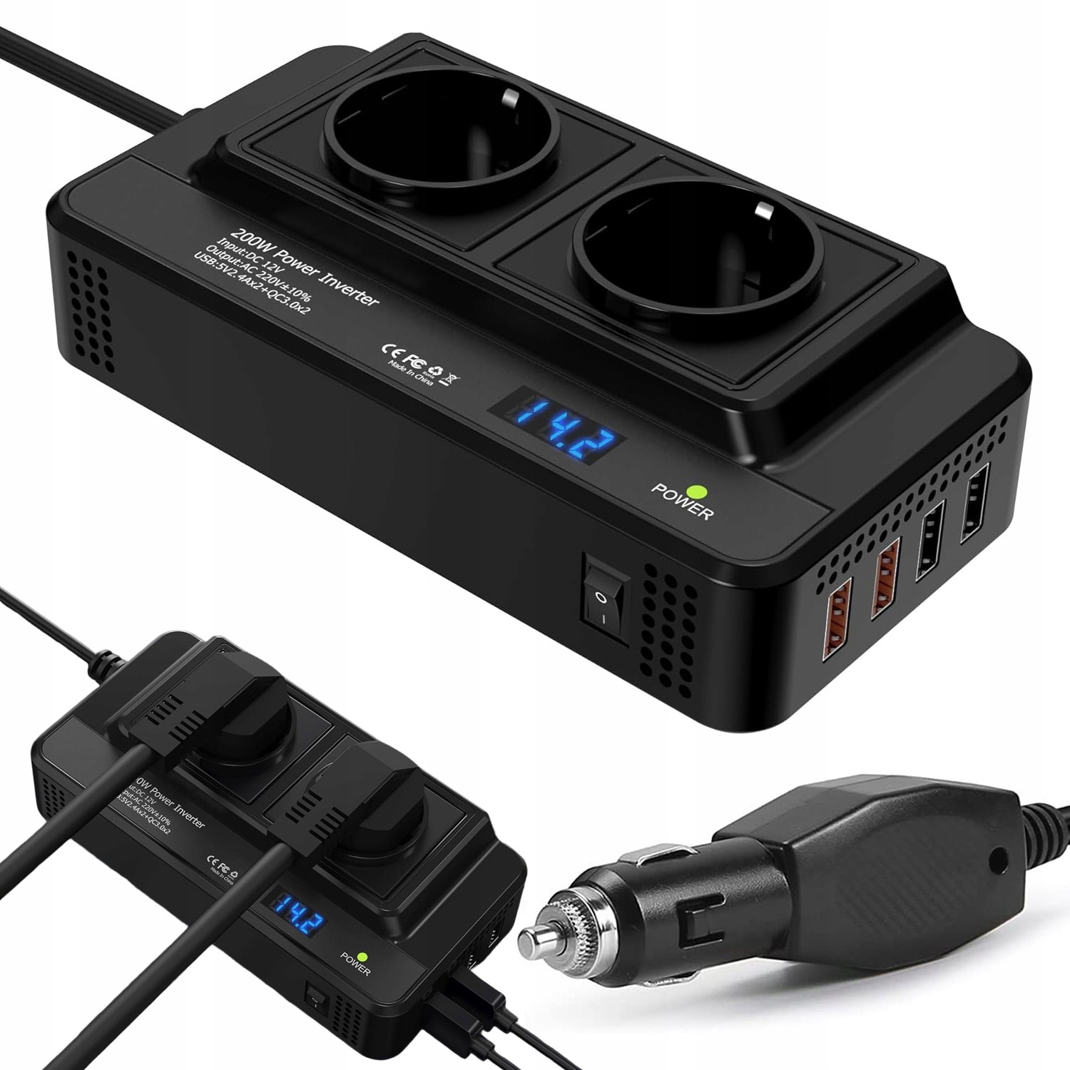 Měnič 200W 12V 220V/110V: 2 Ac Zásuvky 4xUSB-A Do Auta