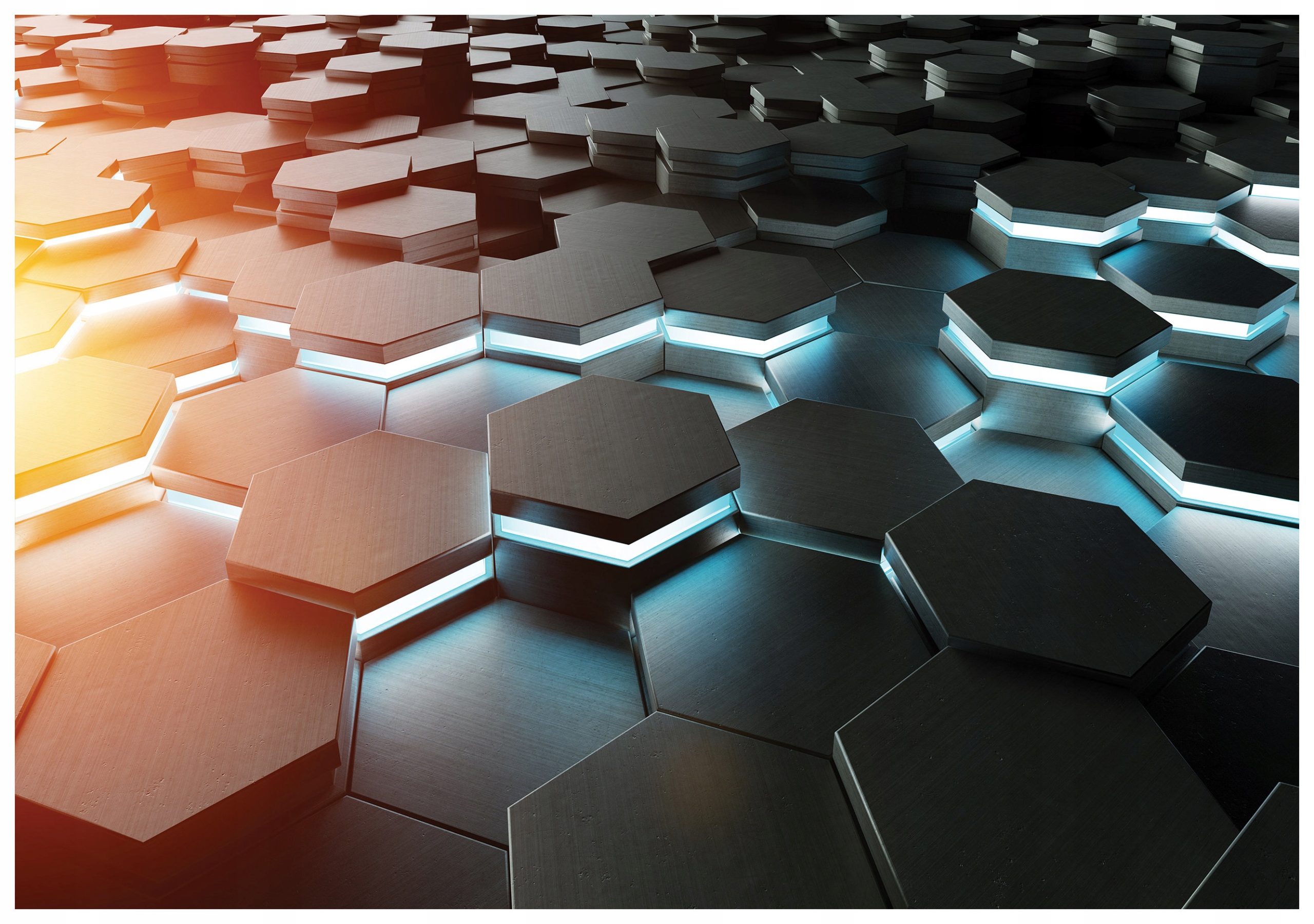 Geometrická tapeta Hexagon Světla Šedo-modro-oranžová 368x280