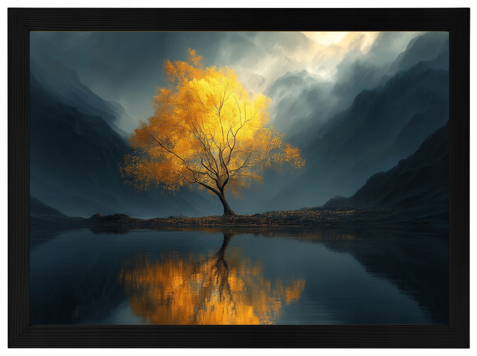 Plakát Rámeček Dřevo Zlaté Horské Dřevo Jezero Mlha Odraz 100x70