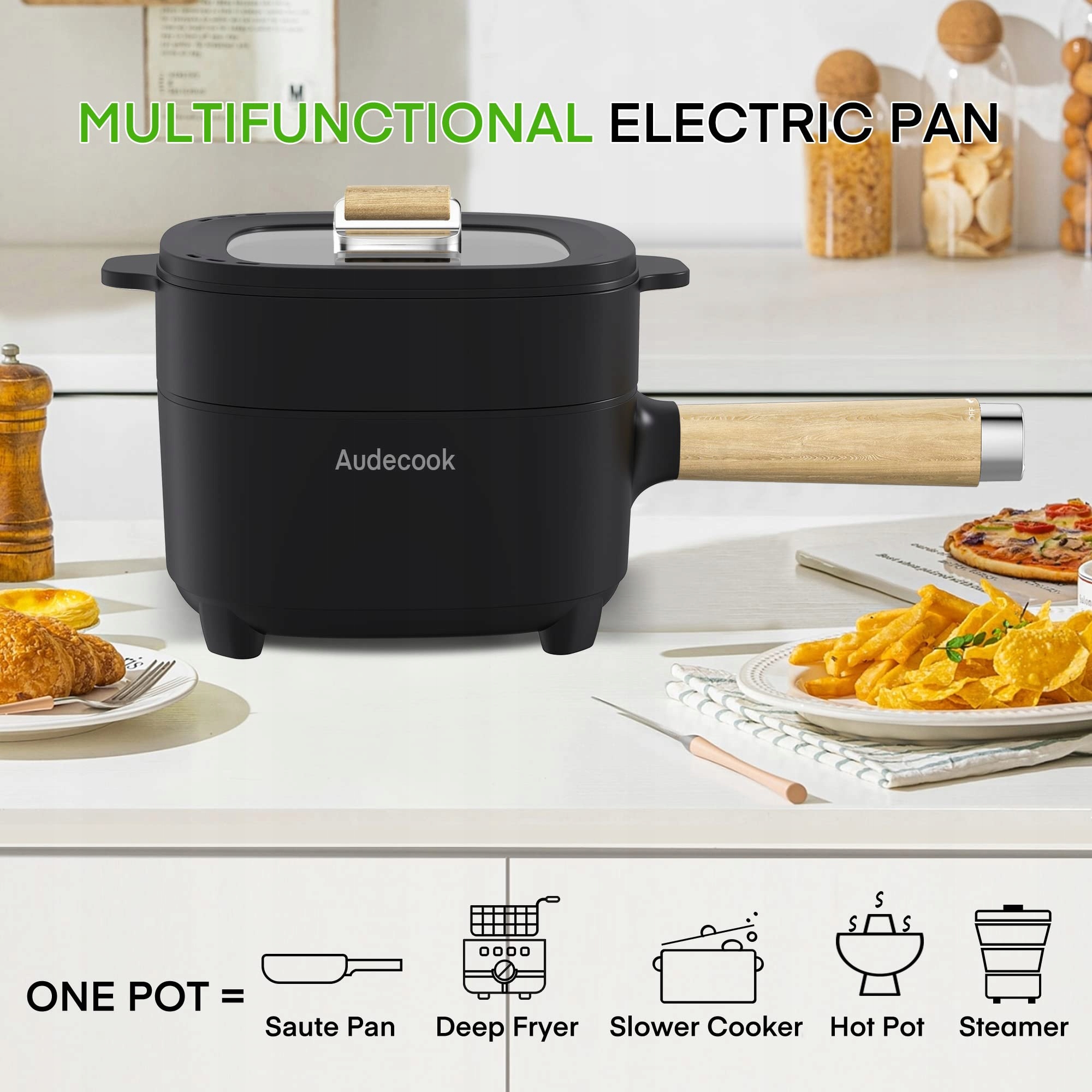 AUDECOOK Elektryczny Garnek 2L z Parowarem Antyadhezyjny Multicooker — miniatura 4