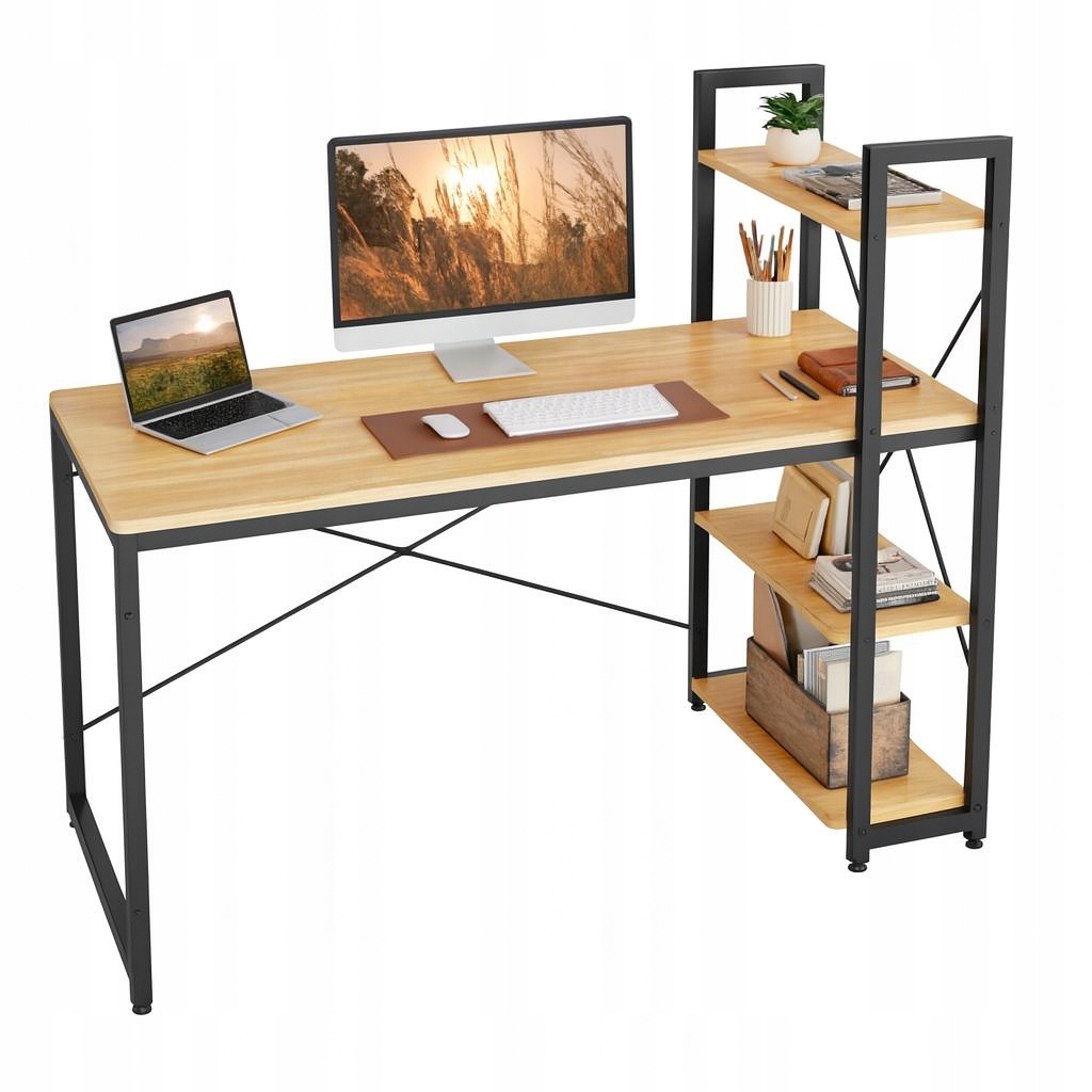 Nowoczesne Biurko Komputerowe Loft Szkolne Regał Półki Gaming 120x60 Jasne