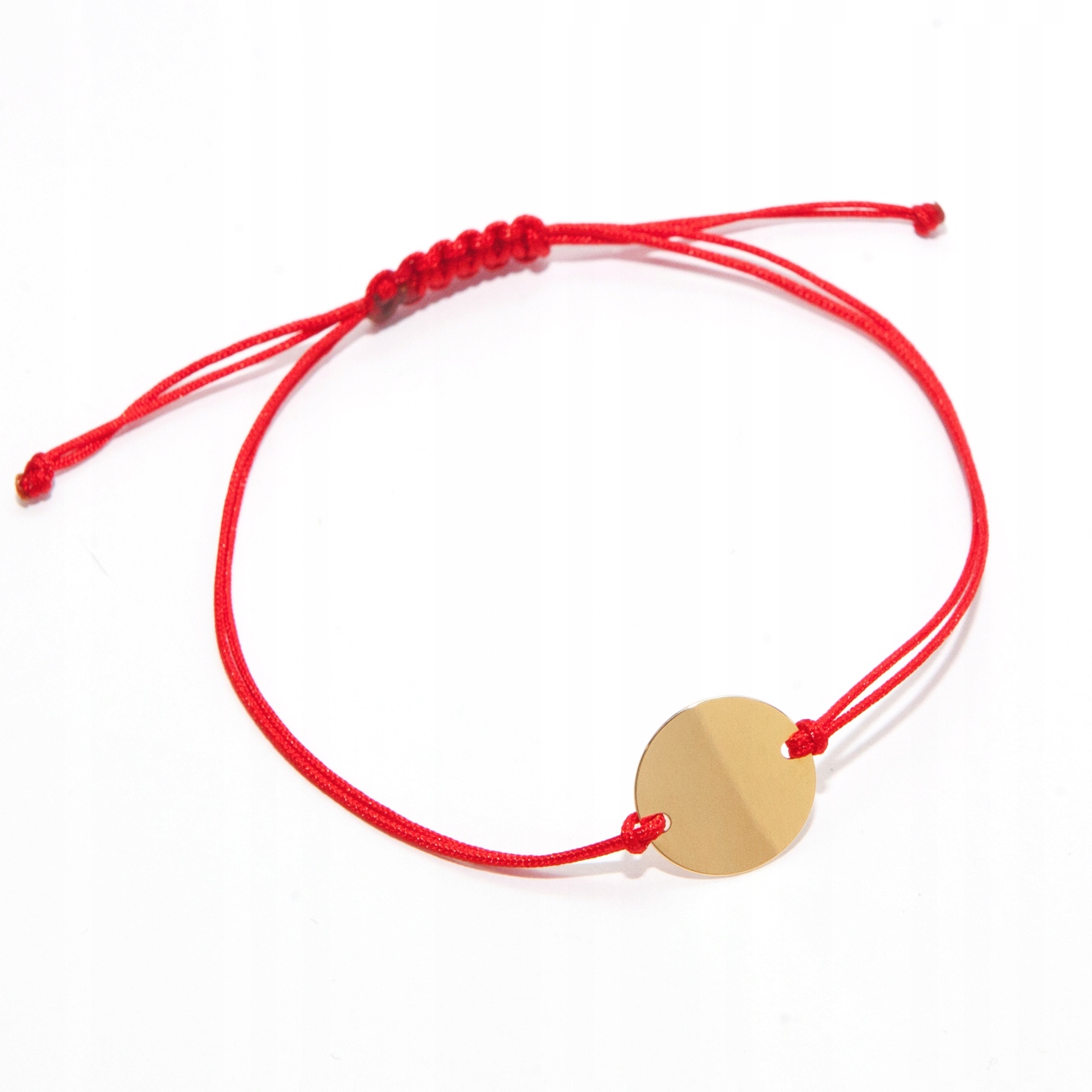 Zlatý náramek na provázku, velká kulatá destička, zlato 585, červená gravírování