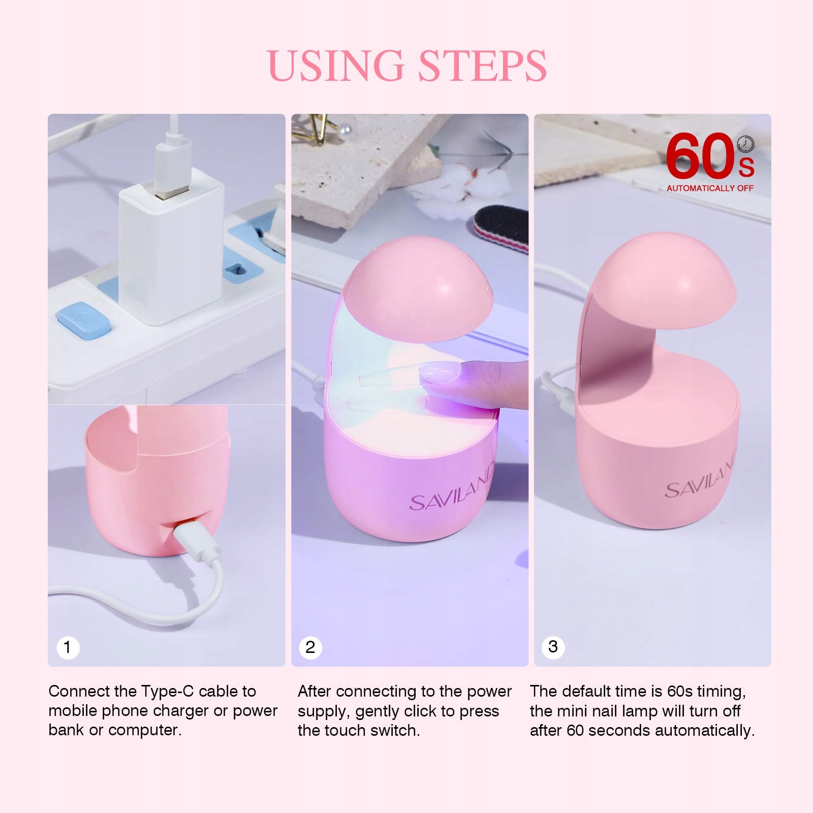 SAVILAND Mini UV Nail Lamp Portable Quick Drying for Beginners Pink — miniatura 6