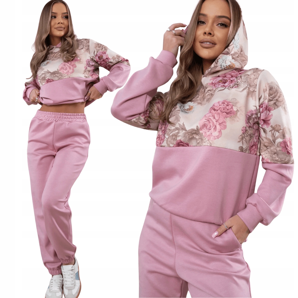 Dámská teplákovka viskózová mikina s kapucí s květinami a módními barvami 821148 L/XL