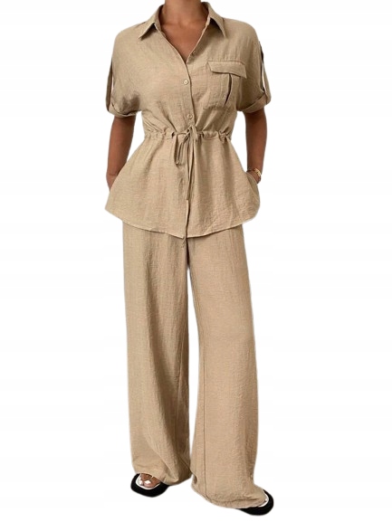 Shein Béžové Kalhoty Casual Rovné S Vysokým Pasem Len L 1JA