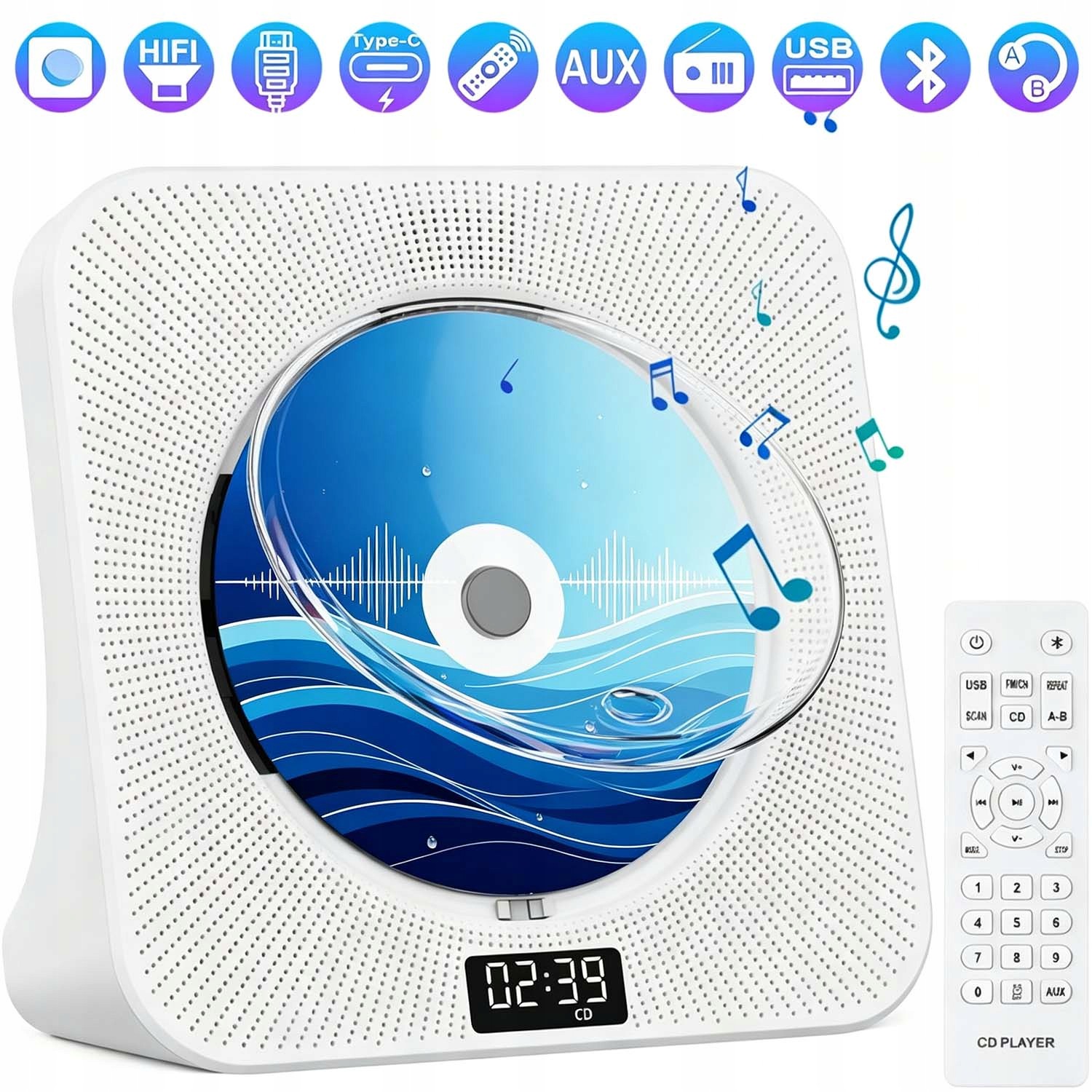CD Přehrávač Reproduktor S Bluetooth 5.0 Fm Rádio Usb Aux Časovač Stereo Dárek
