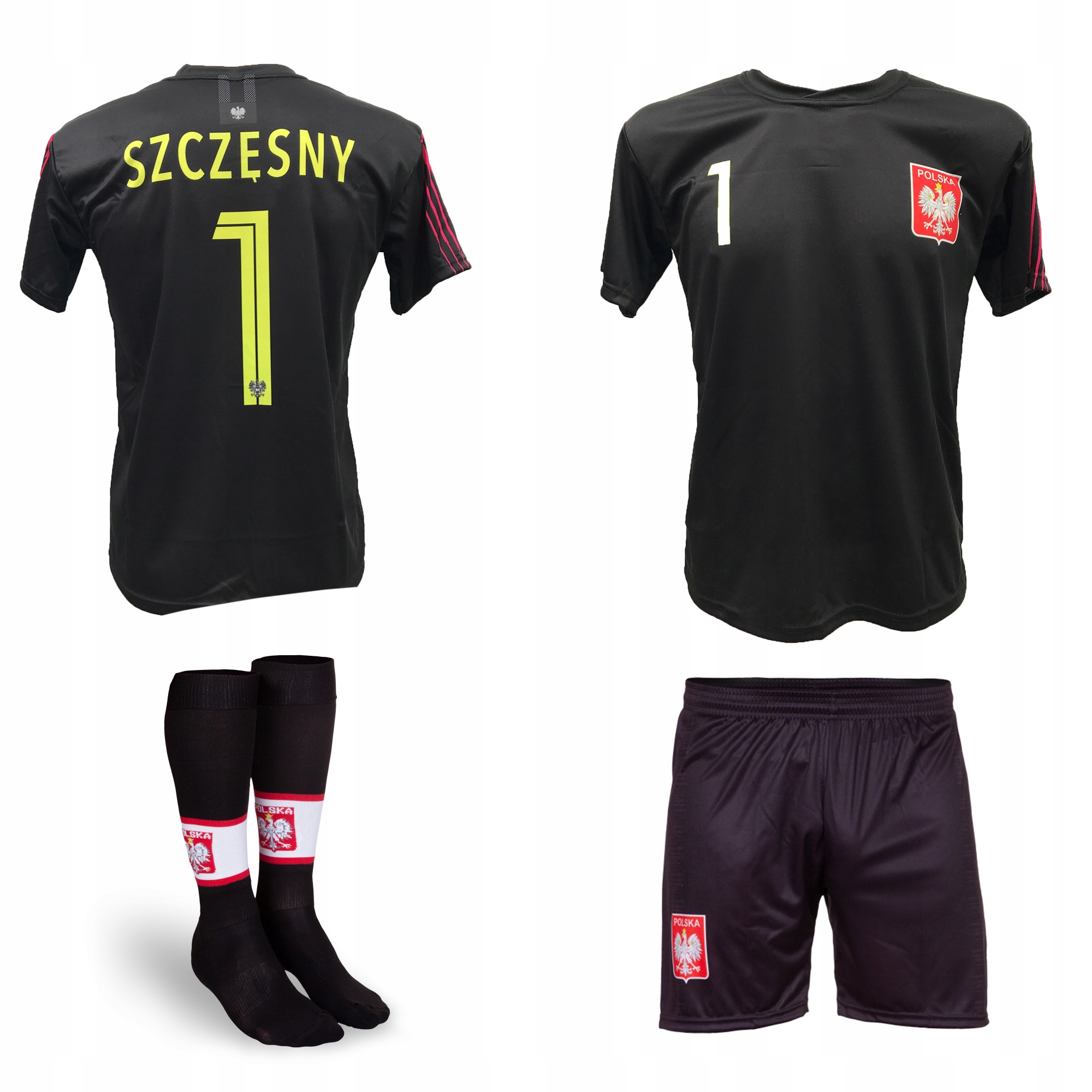 SZCZĘSNY Polska CZARNY strój + getry rozm. 158