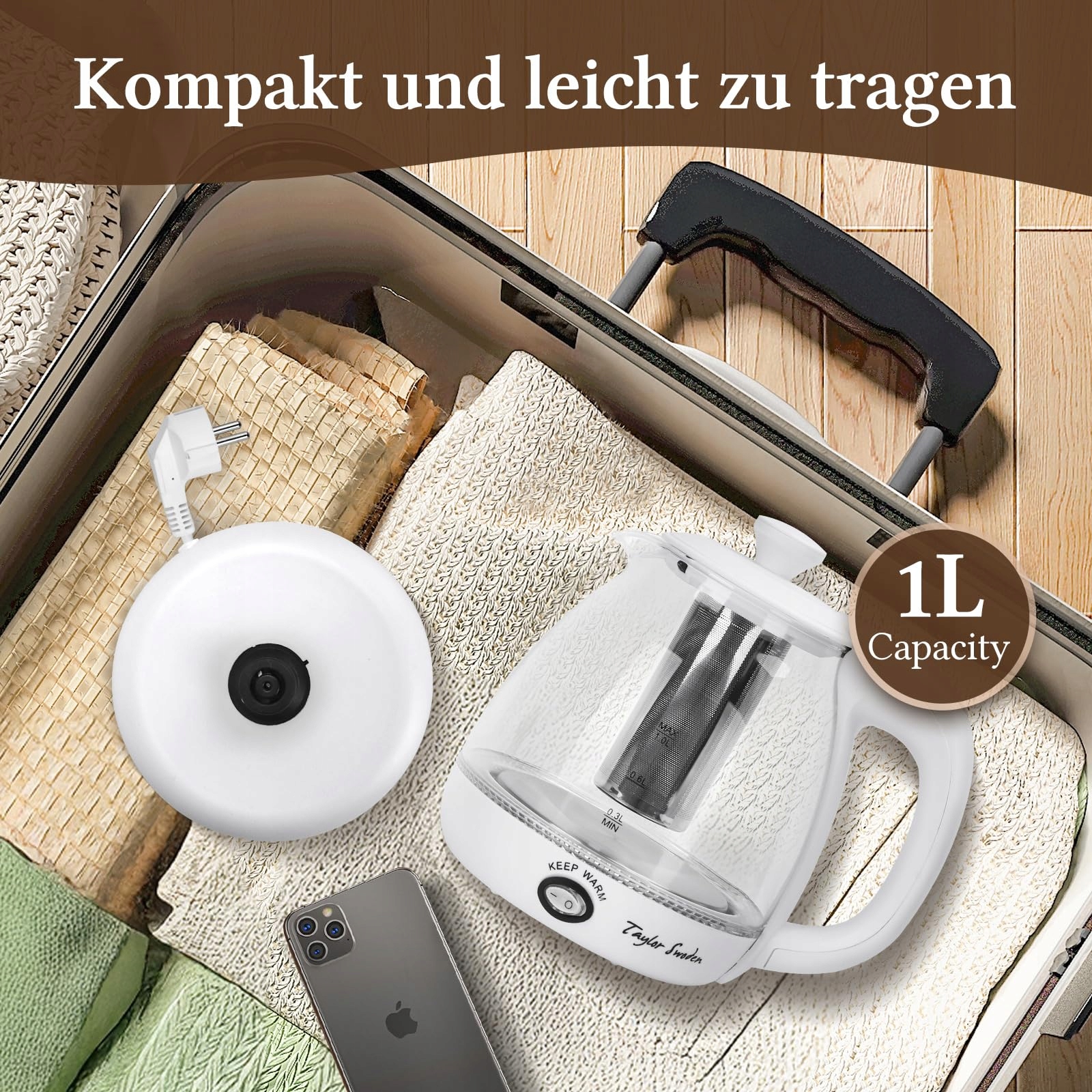 TAYLOR SWODEN Czajnik Elektryczny Szklany 1L 2200W LED BPA Free Z Teesitem — miniatura 8
