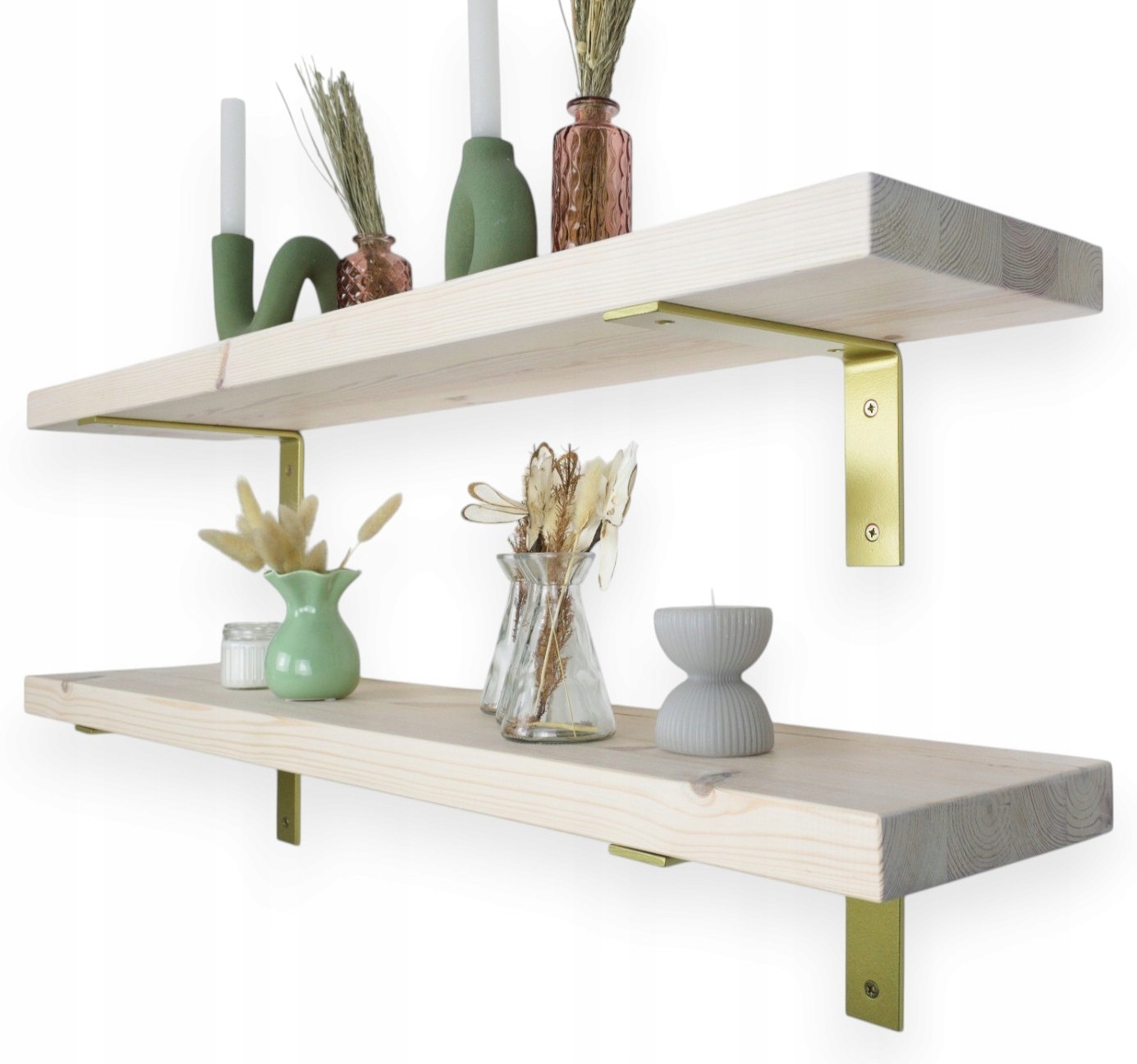 Drevená nástenná polica bielená so zlatými glamour podperami 100 cm x 20 cm