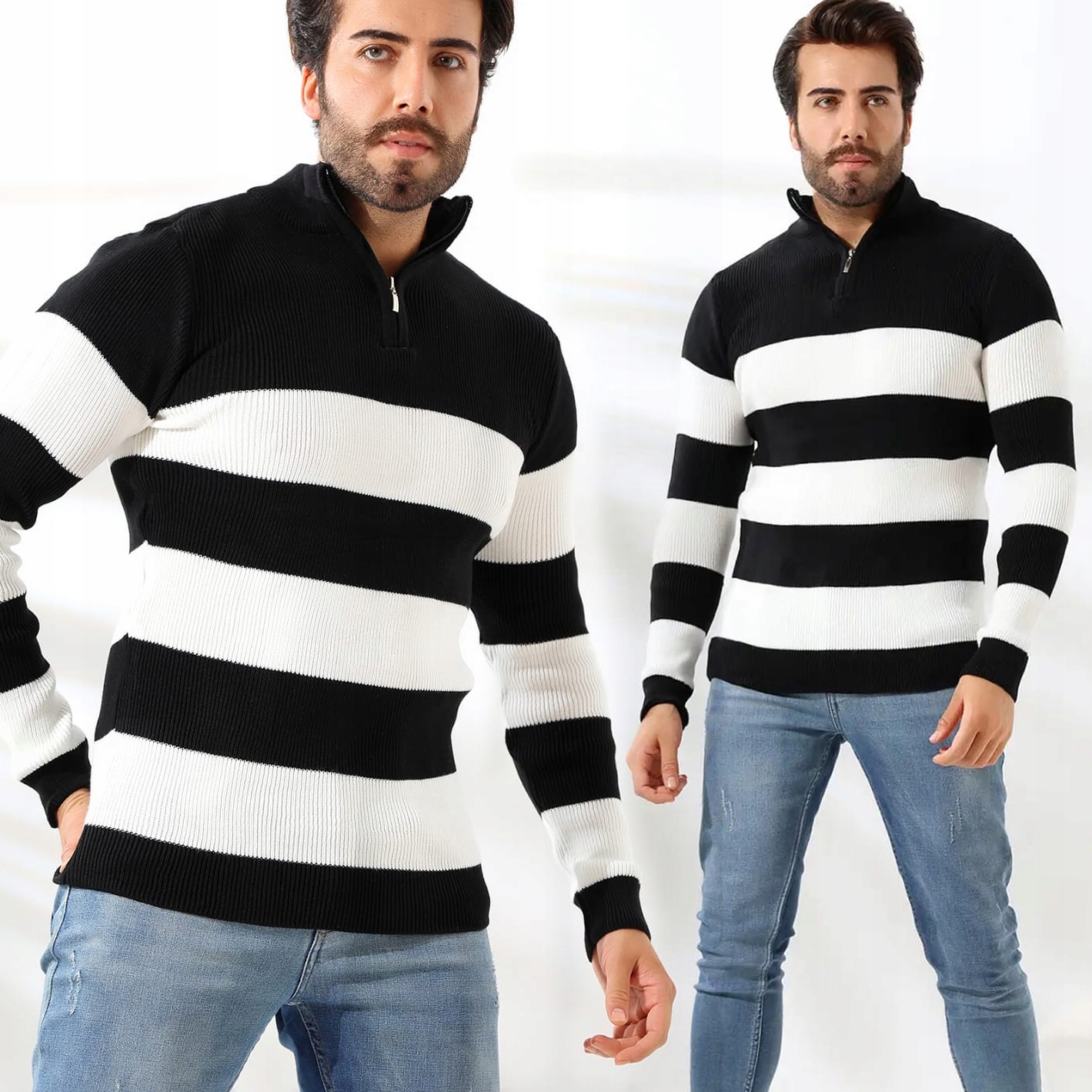 Pánský svetr Rolák s pruhy Stojáček na zip Vlna
