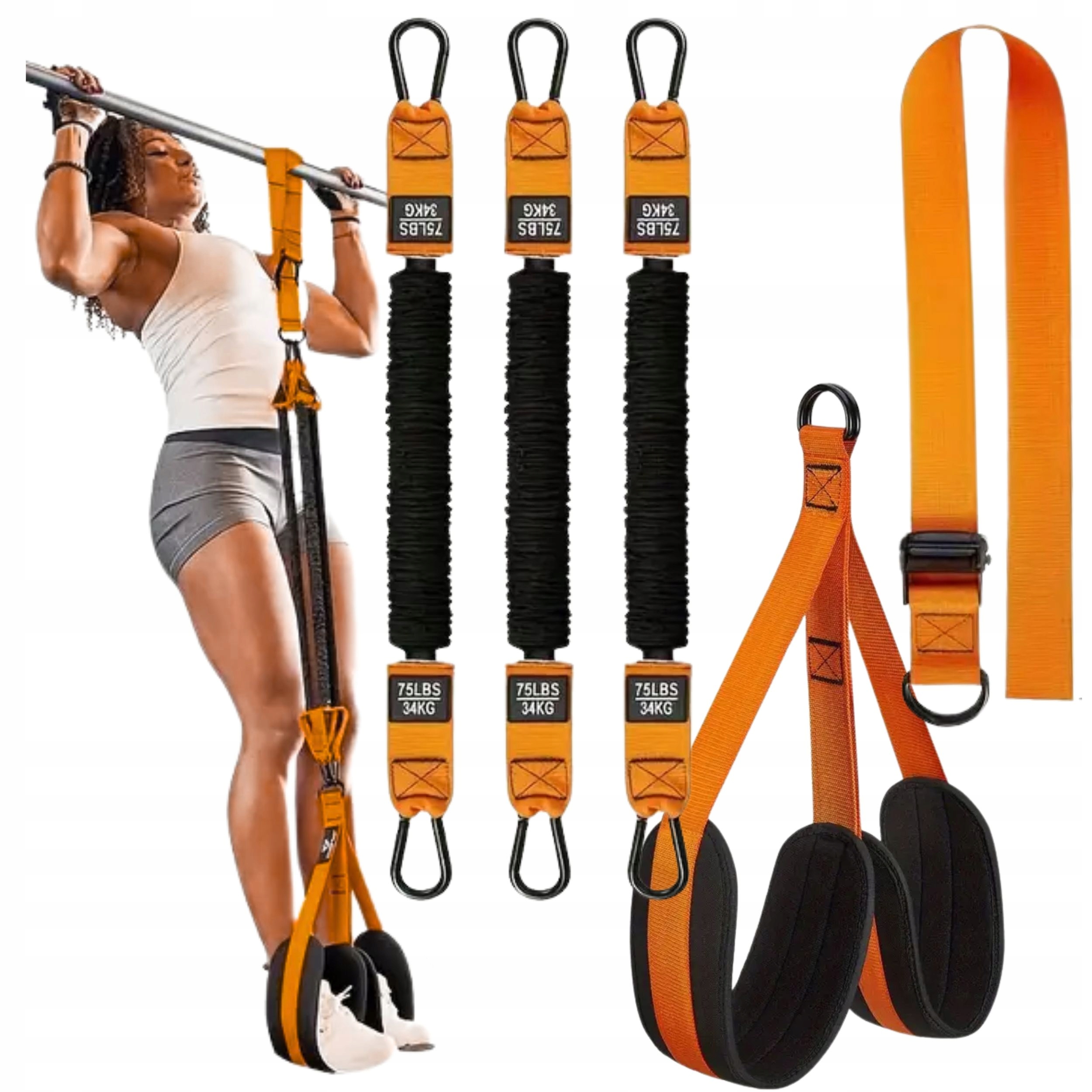 Taśmy do podciągania na drążku pasy treningowe crossfit regulowane 34-102kg Kolor dominujący pomarańczowy