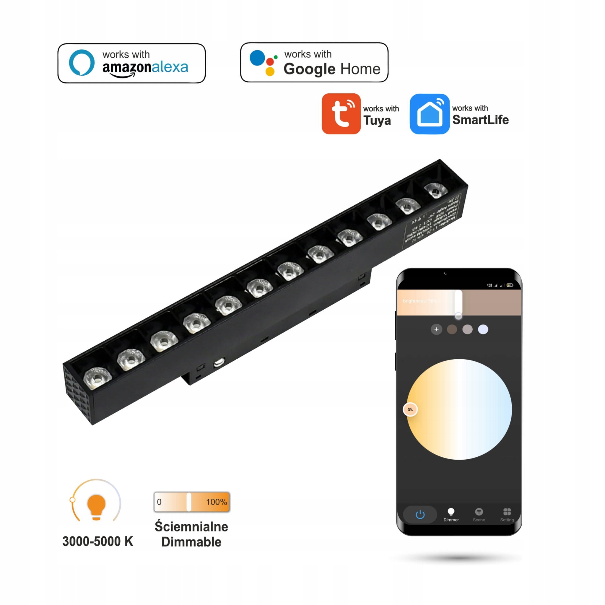 Lineárny Led reflektor 2.4GHZ Grille 12W 48VDC pre koľajnice Smart Track