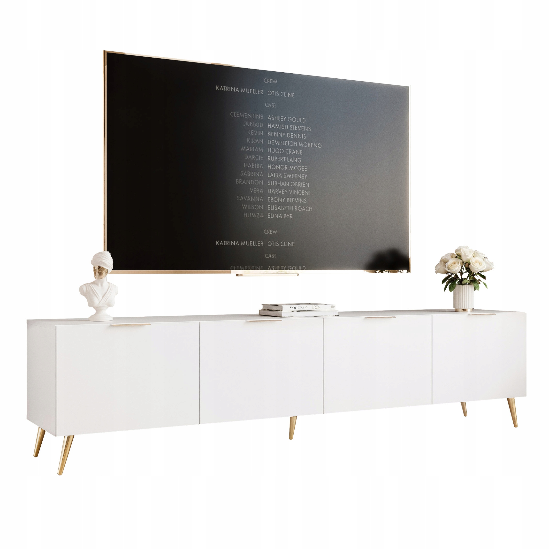 Závěsná Rtv skříňka Angel 200 cm s Led osvětlením, bílá, zlatá, glamour