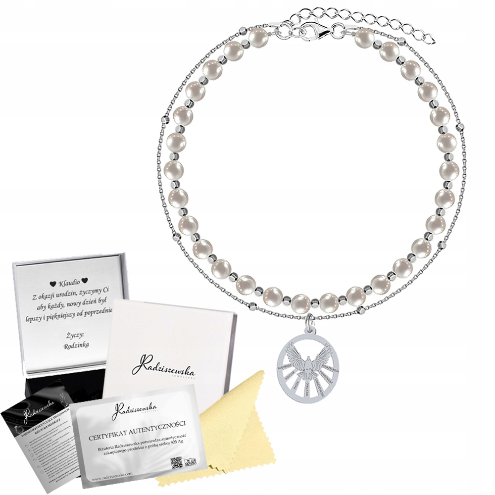Stříbrný náramek na biřmování Duch svatý Perly Dárek 925 Dedikace