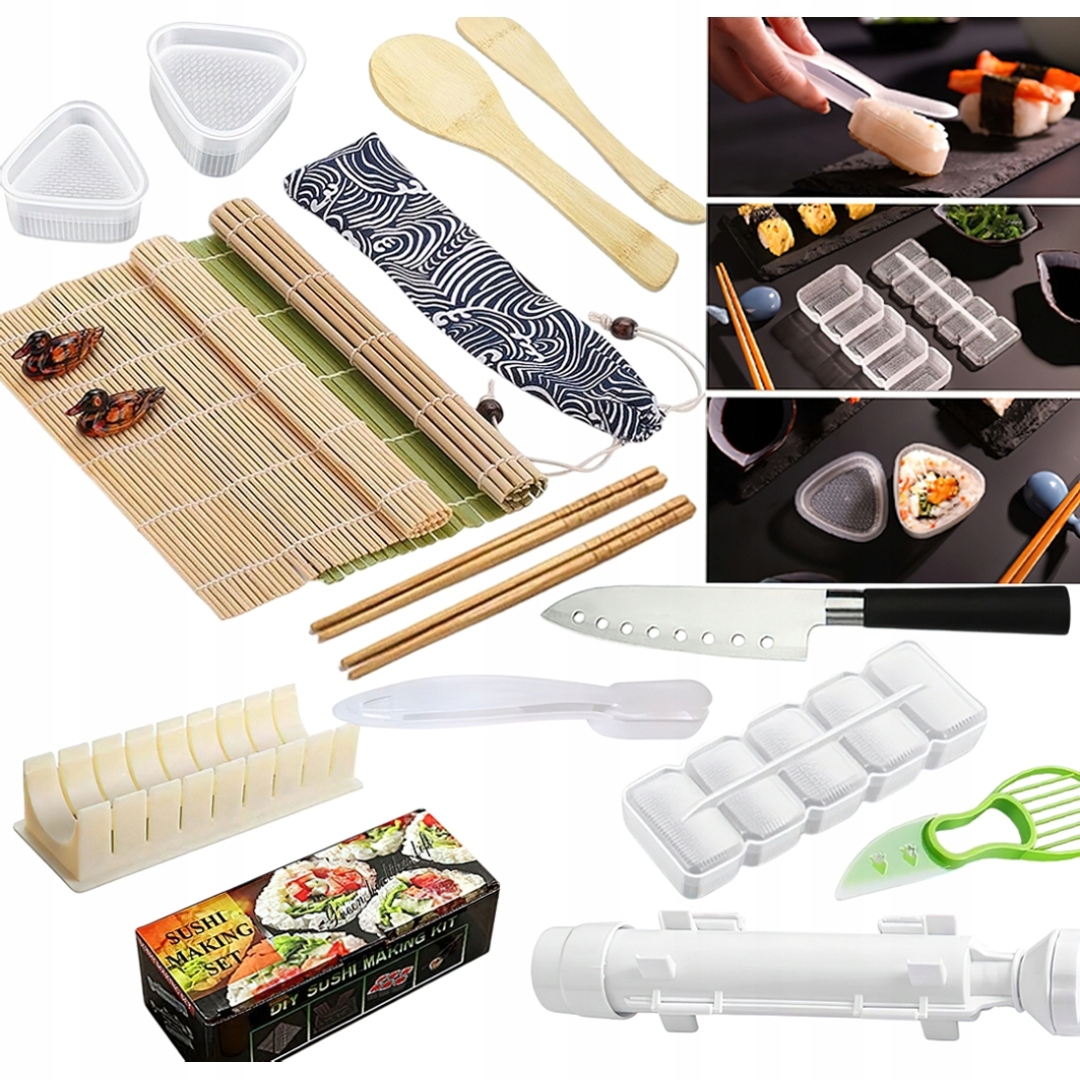Levně Domácí Sushi Set, Strojek, Formičky, Bambusová Podložka, Hůlky, 17V1
