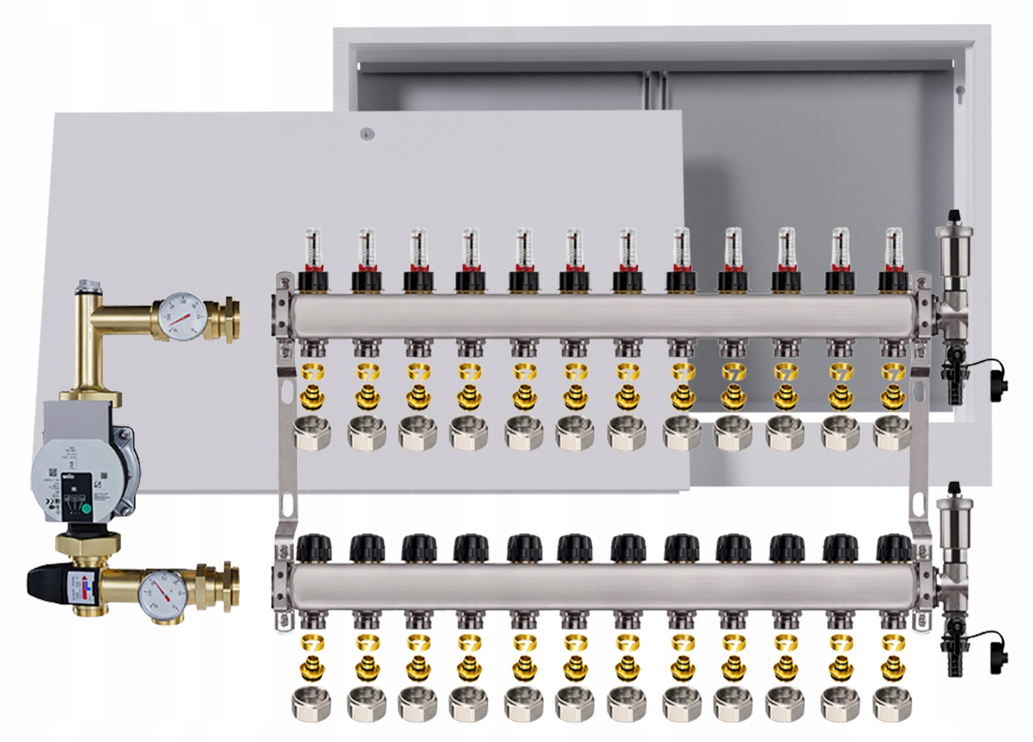 Rozdělovač pro podlahovku Nerezový 13 s boxem Pumpa Wilo Spojky