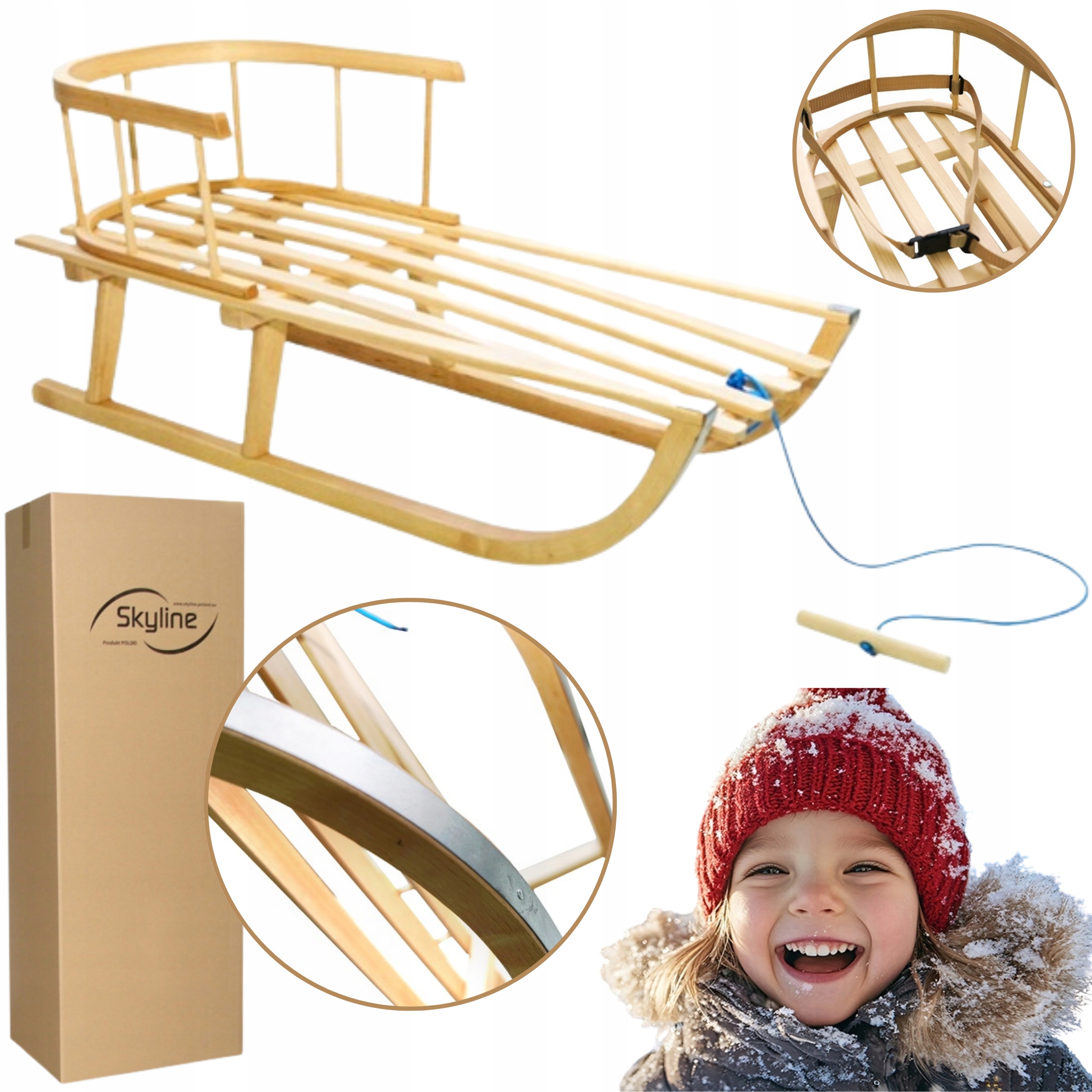 Sanki drewniane z oparciem dla dziecka Polskie Zima Oldschool