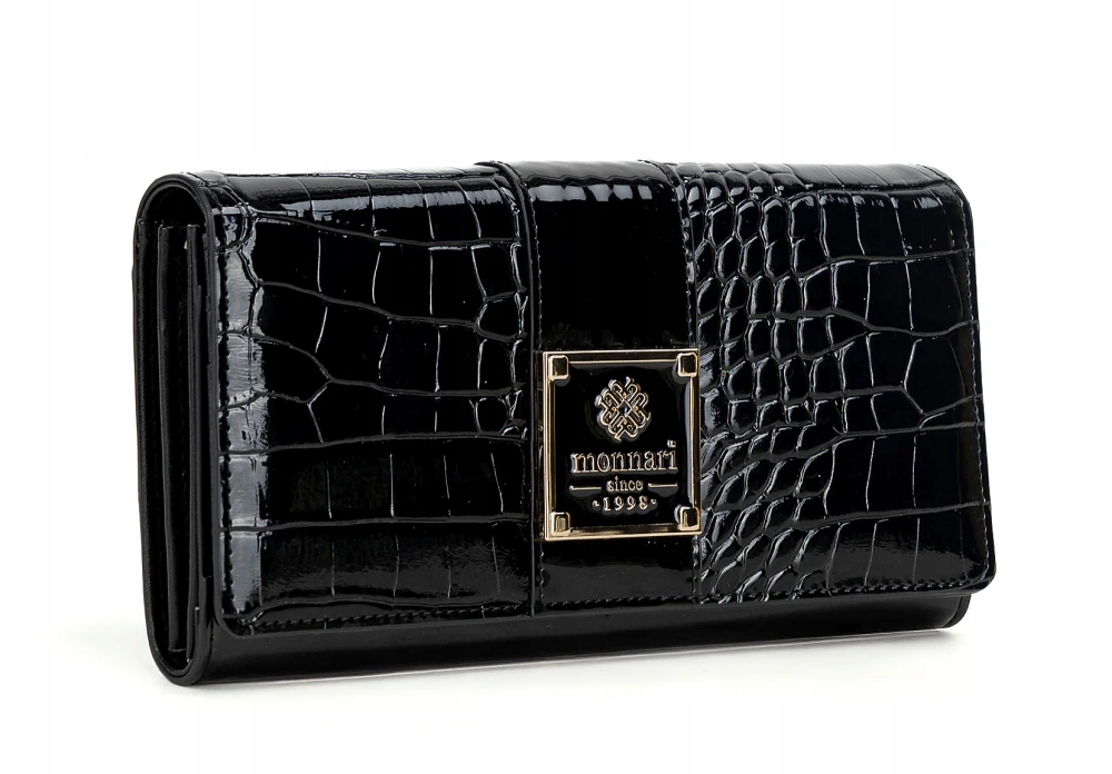 Monnari Efektowny pojemny czarny portfel damski Krokodyl Lakier Logo