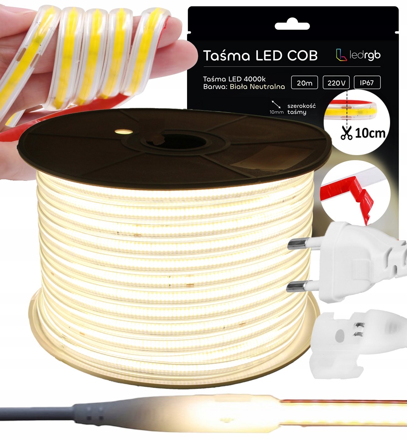 Set Led Pásek Cob 20 m 230 V Bílý Neutrální 4000 K Řezaný Každých 10 CM IP67 Lepidlo
