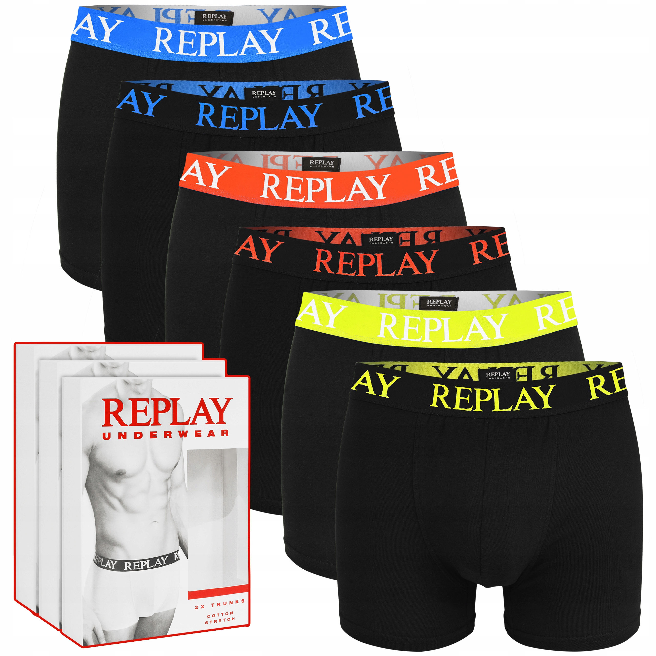 Replay Boxerky Slipy Balení 6 Kusů Bavlněné Černé Guma Barva Velikost L