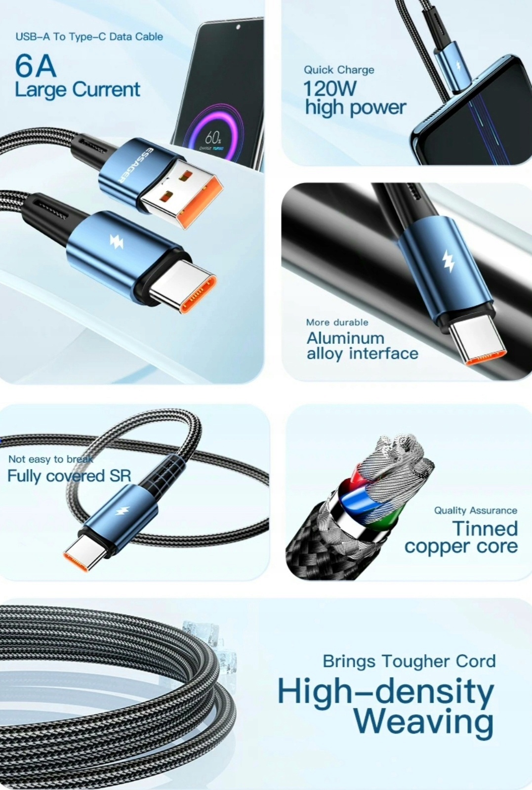 Kabel 2 metry czarny Essager USB A do USB-C 6A SZYBKIE ŁADOWANIE 120W 6A 2M Zgodność ze standardem Quick Charge 1.0 Quick Charge 2.0 Quick Charge 3.0 Quick Charge 4.0